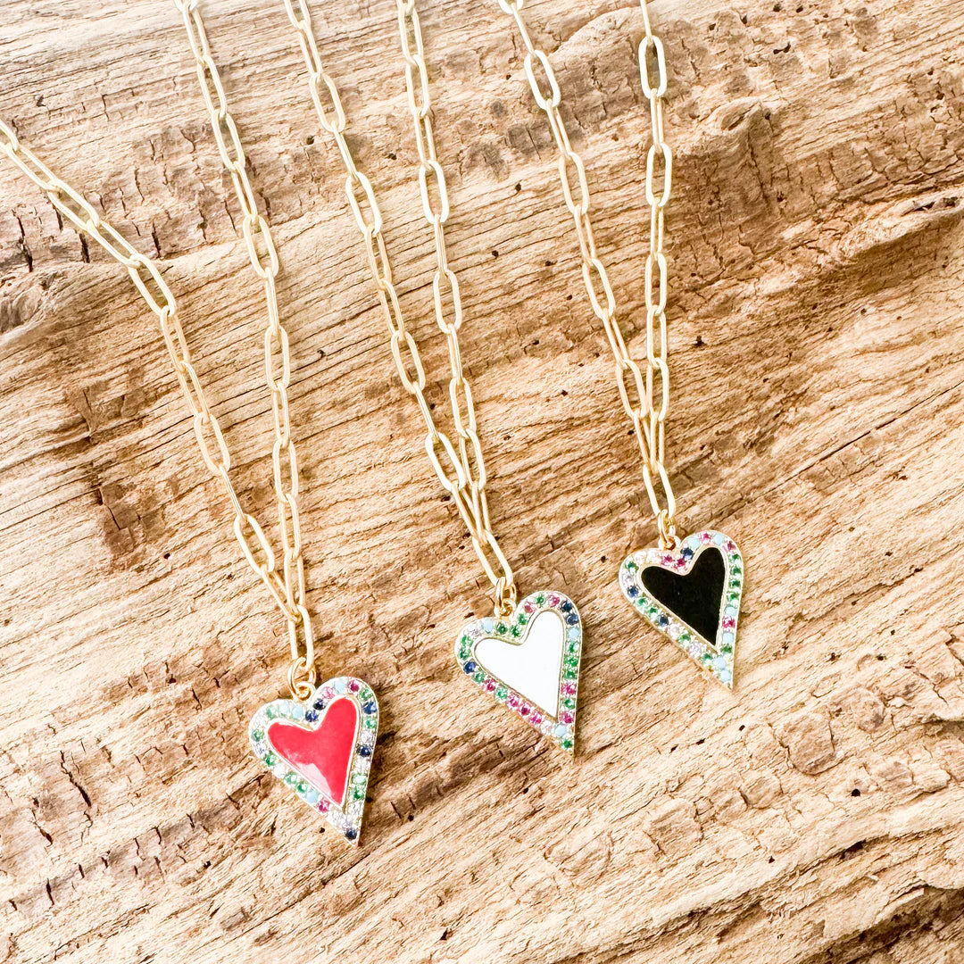 Rainbow Trim Enamel Heart on Paperclip Chain