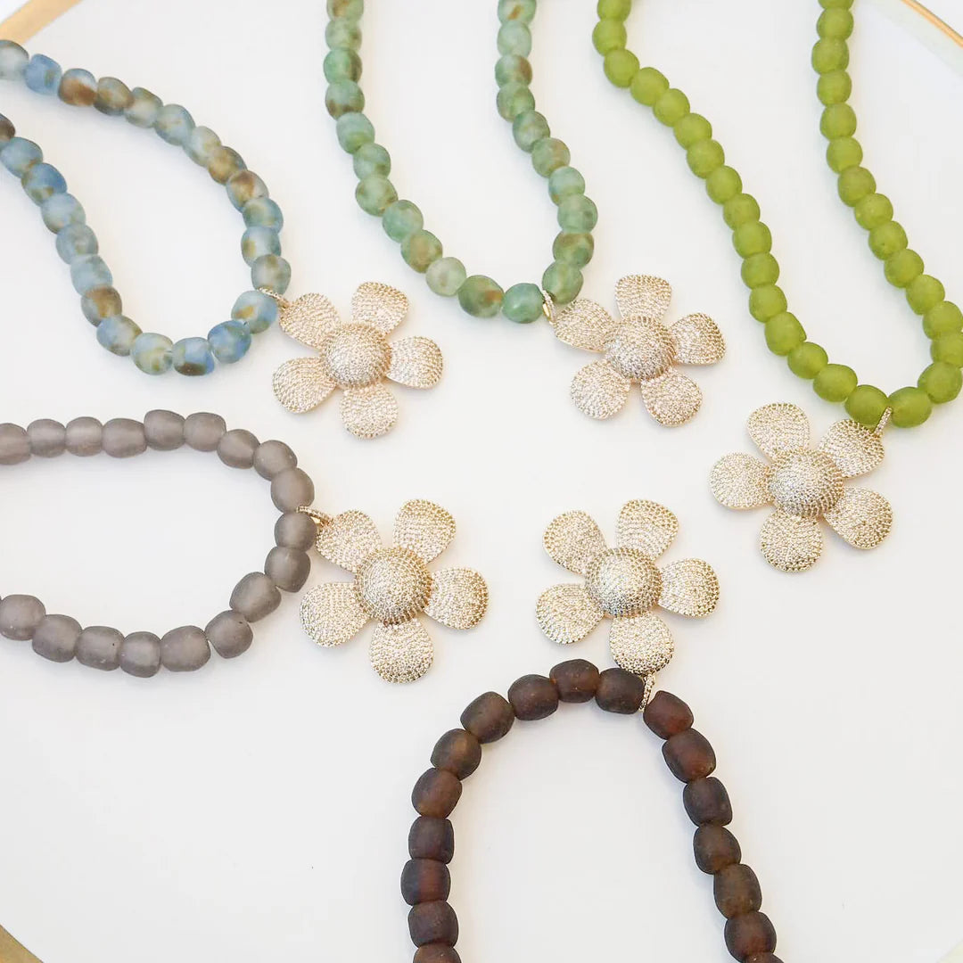 Pave Wildflower on Glass Bead Necklace