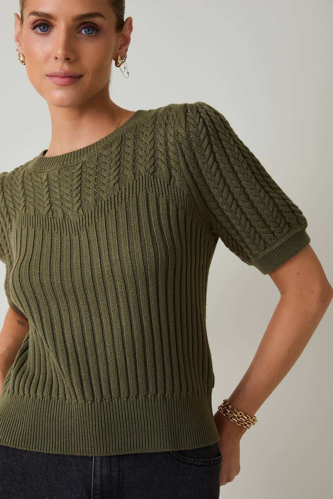 Short Sleeve Cable Knit Sweater