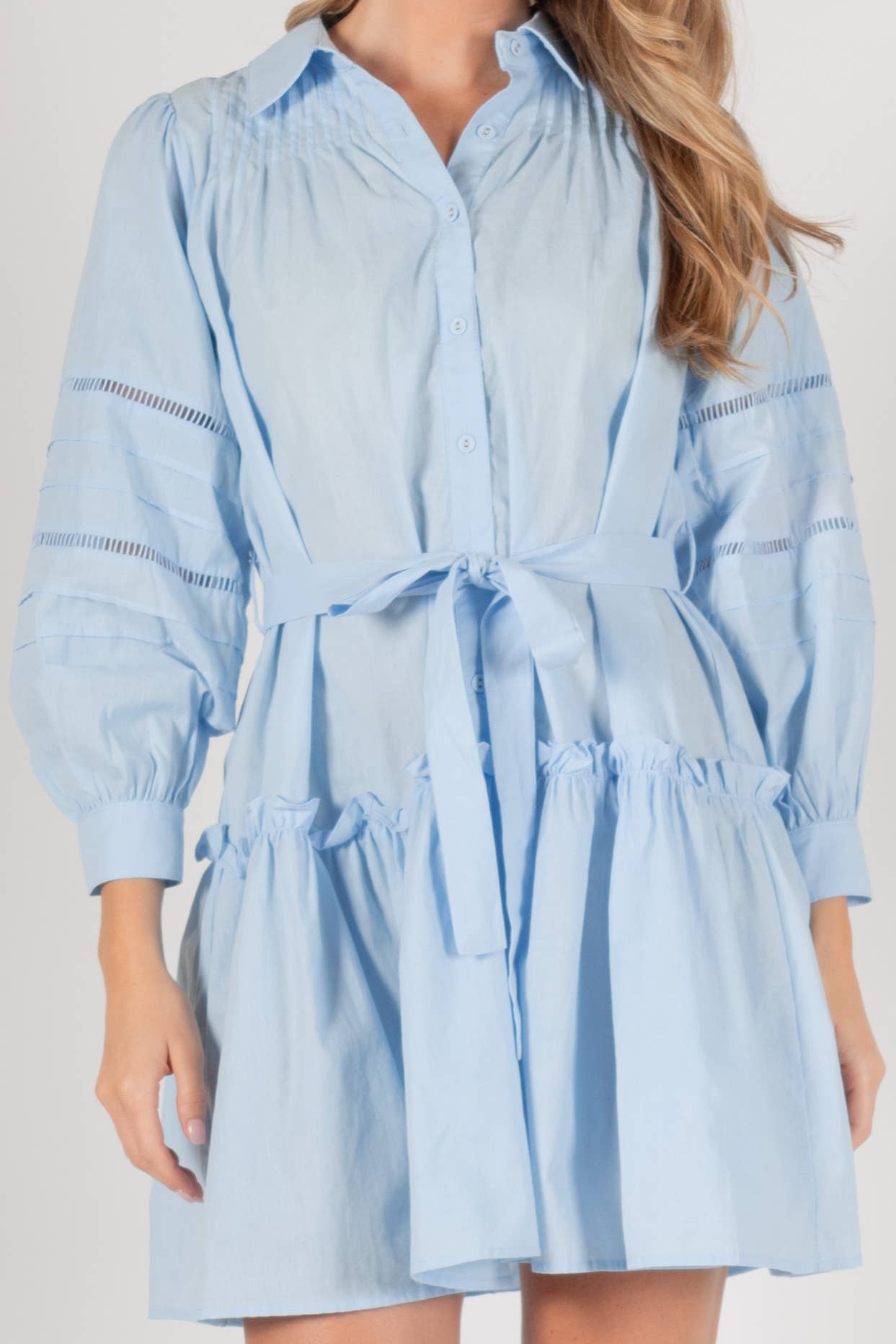 Poplin Eyelet Insert Buttonup Balloon Sleeve Dress