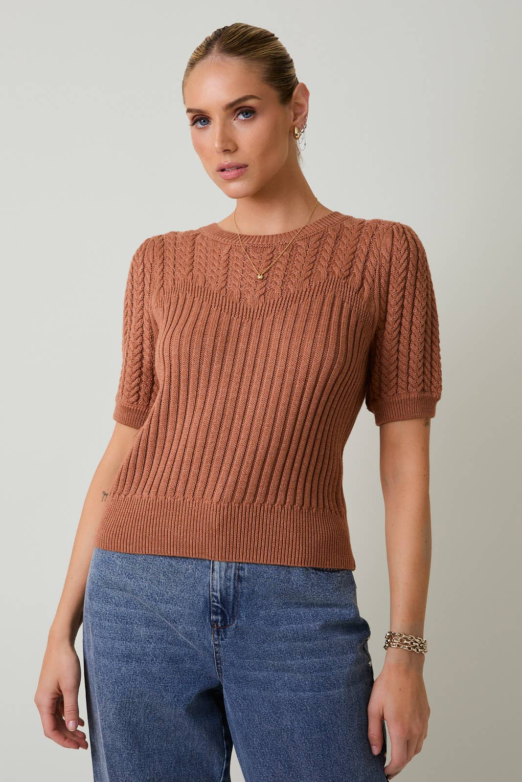 Short Sleeve Cable Knit Sweater