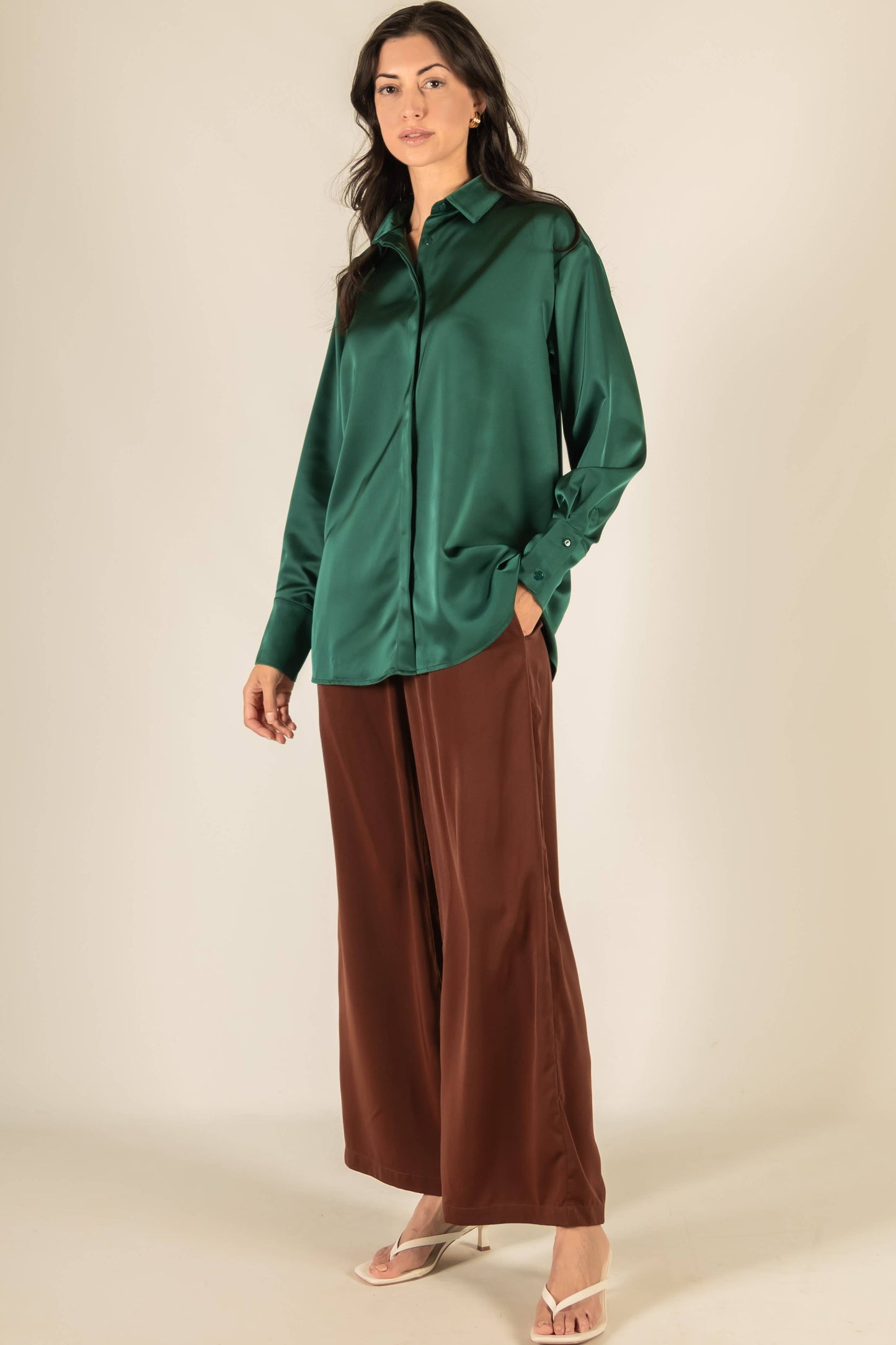 Satin Placket Cover Button Up Shirt