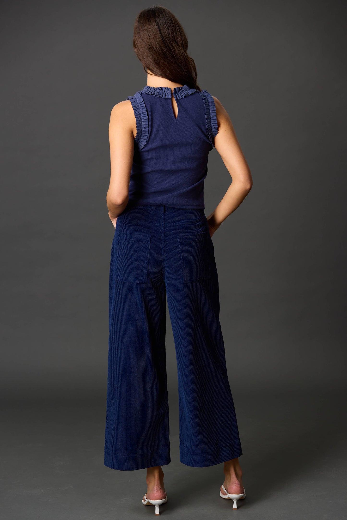 Ruffle Poplin Contrast Ribbed Sleeveless Top