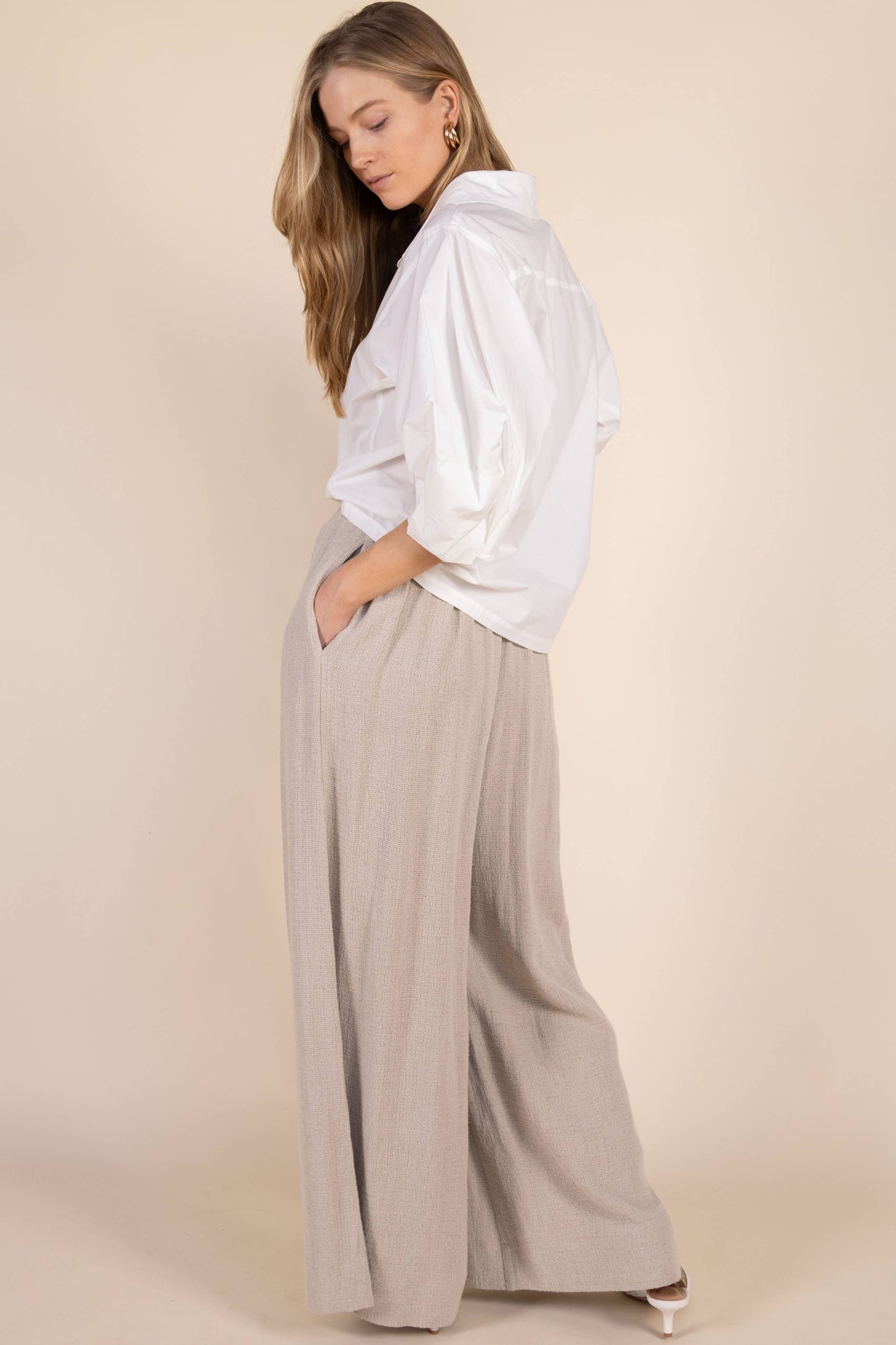 Poplin Bishop Sleeve Button Up Shirt