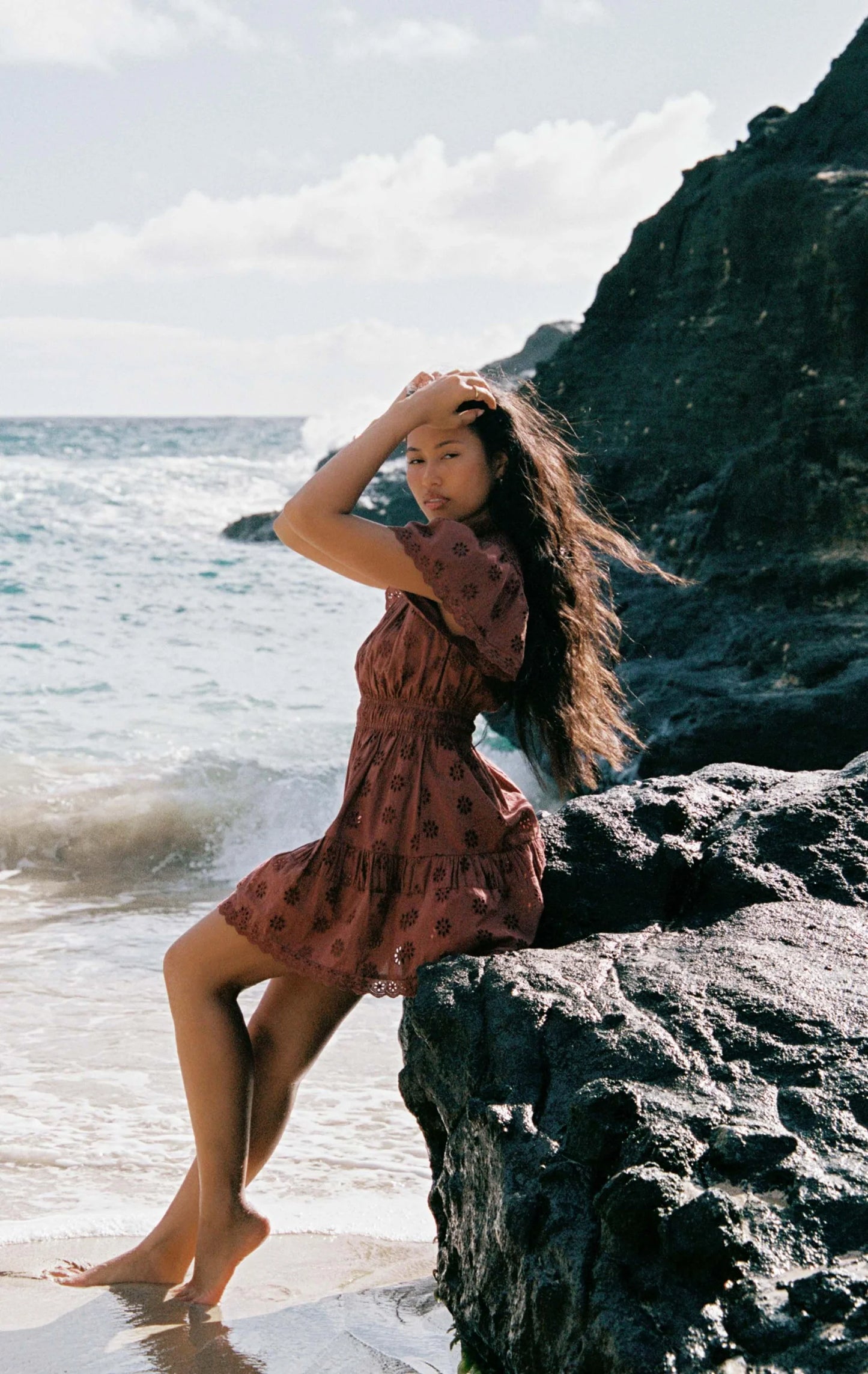 Aisha Mini Dress in Cinnamon Eyelet