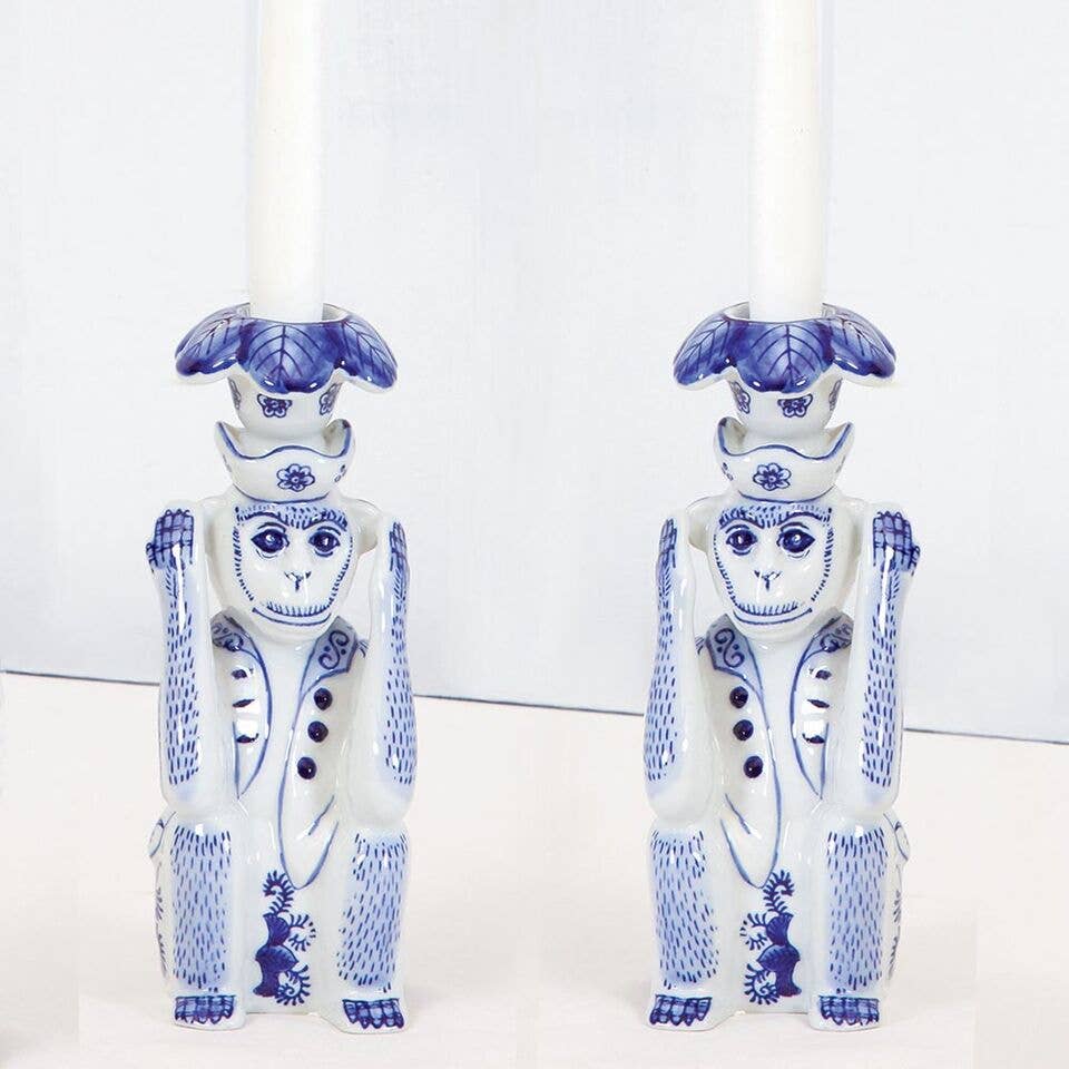 Porcelain Chinoiserie Monkey Candlestick Set