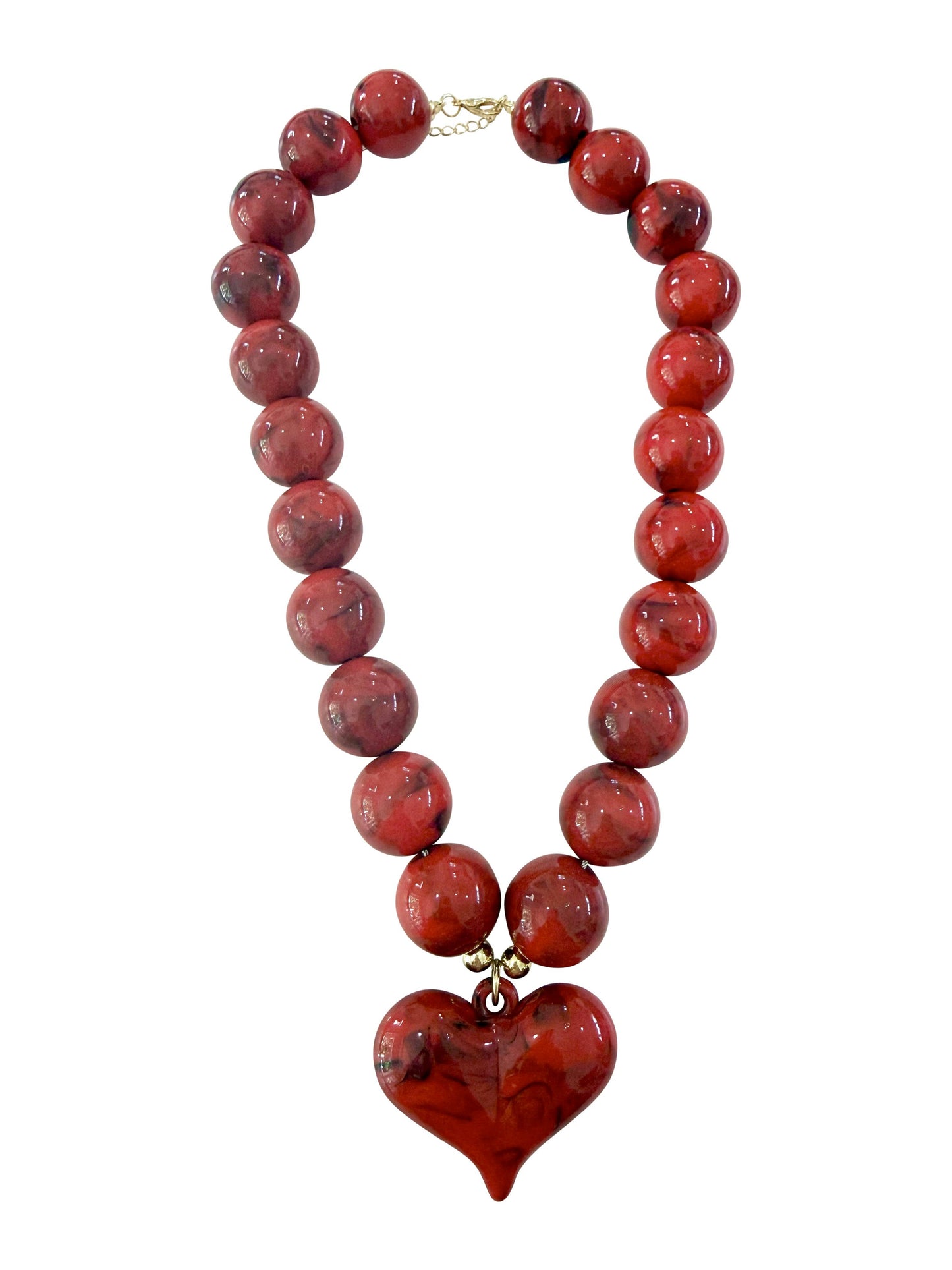 Kaiden Chunky Beaded Necklace with Heart Charm -Red