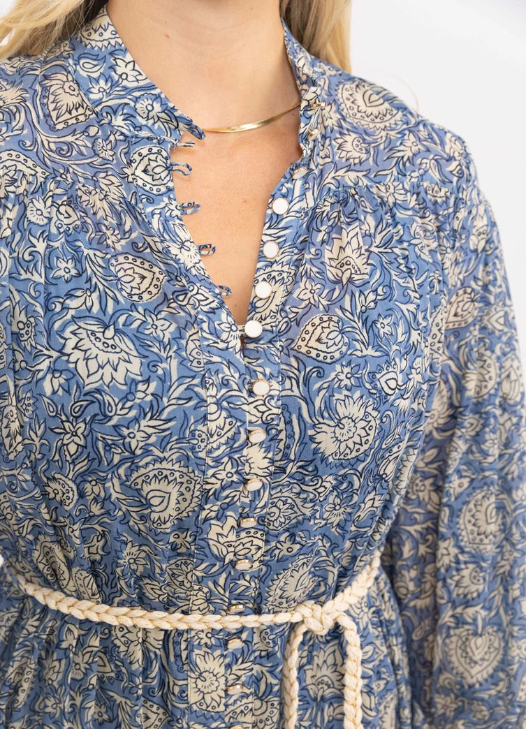 Vintage Floral Button Maxi Dress in Blue