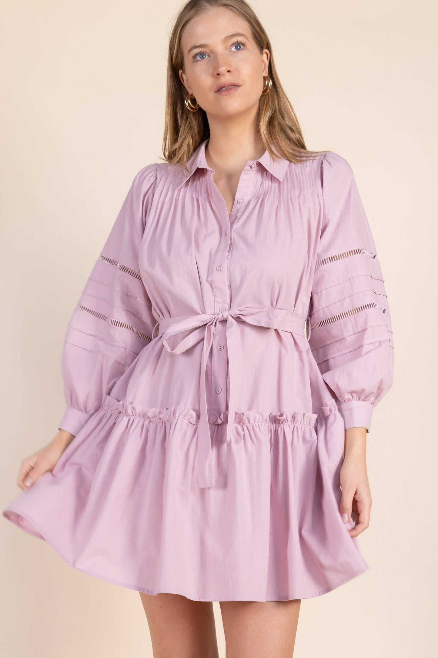 Poplin Eyelet Insert Buttonup Balloon Sleeve Dress