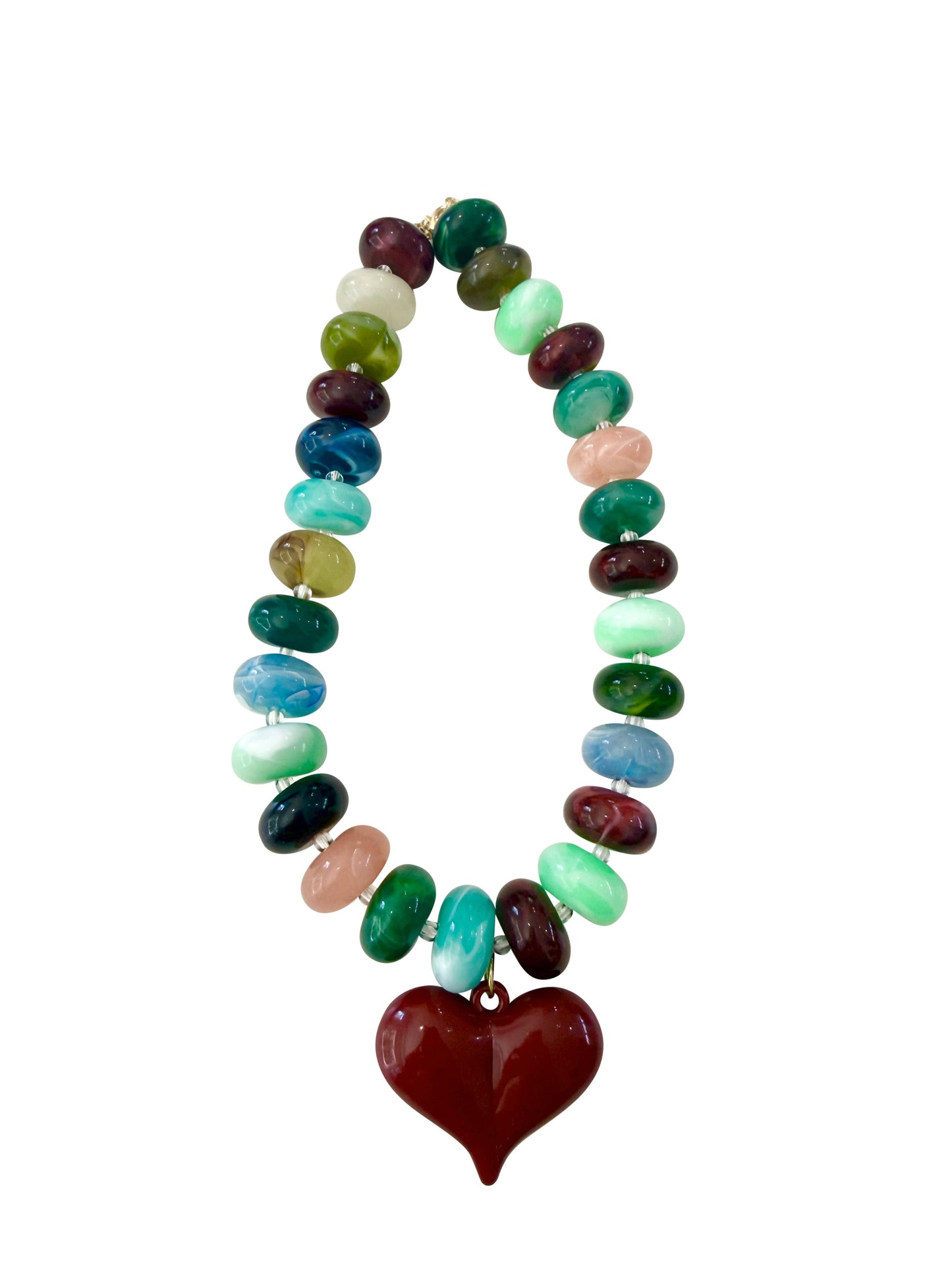 Stanley Chunky Beaded Necklace with Heart Charm - Dark Multi