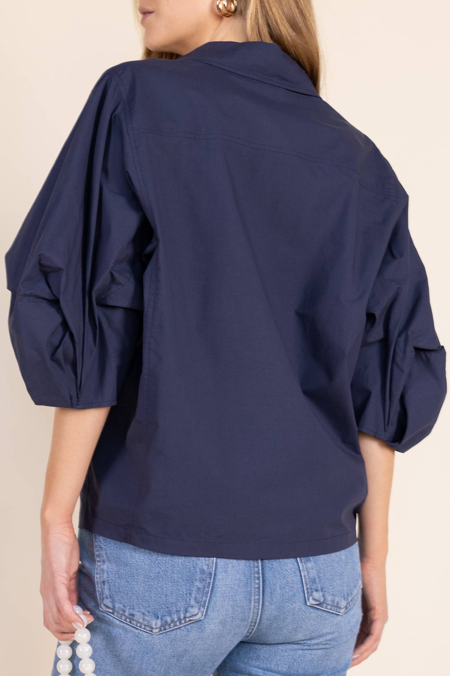 Poplin Bishop Sleeve Button Up Shirt