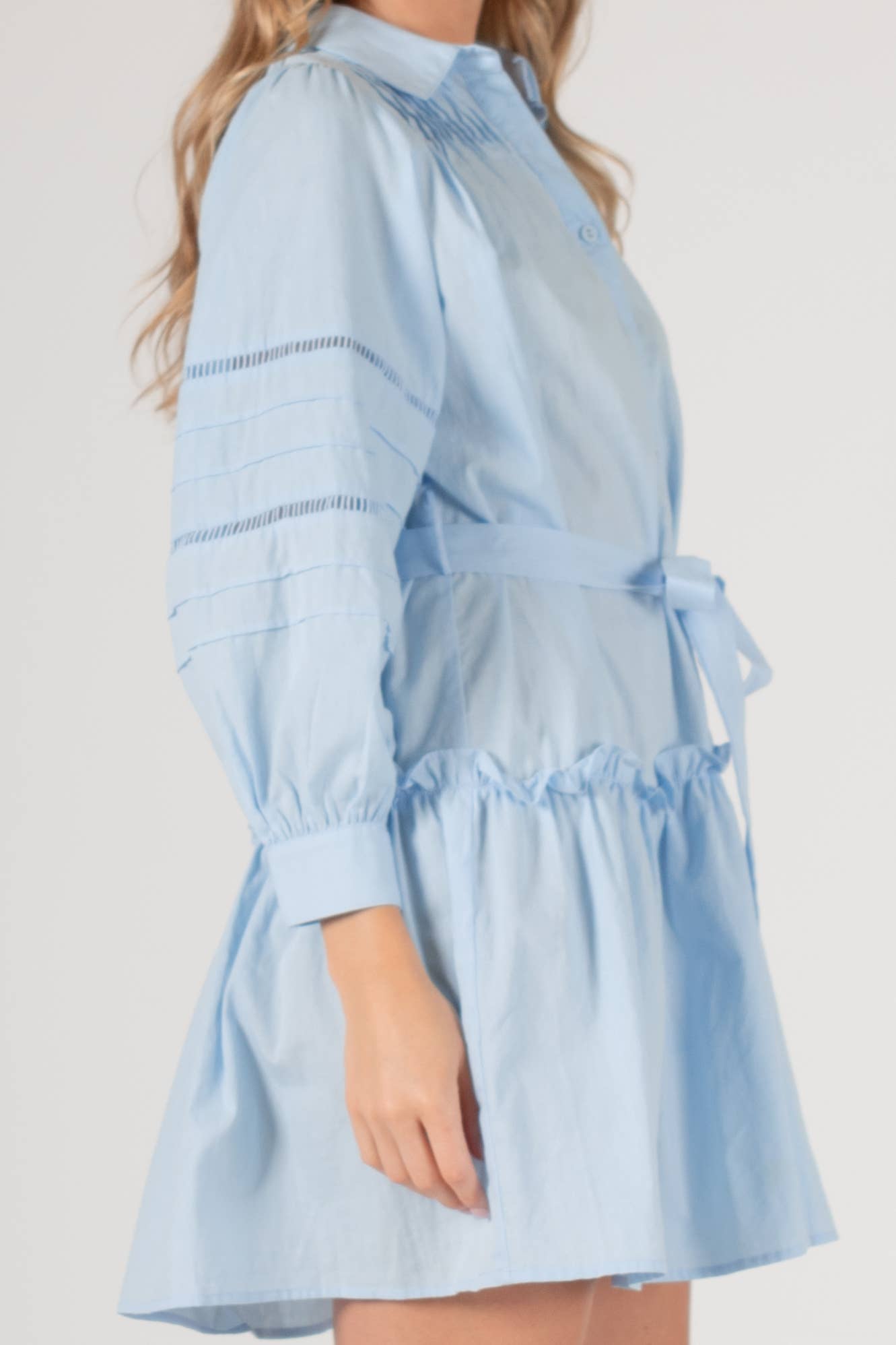 Poplin Eyelet Insert Buttonup Balloon Sleeve Dress