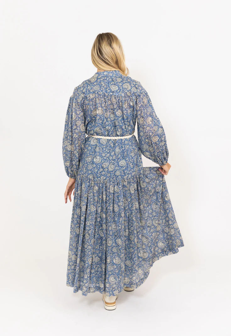 Vintage Floral Button Maxi Dress in Blue