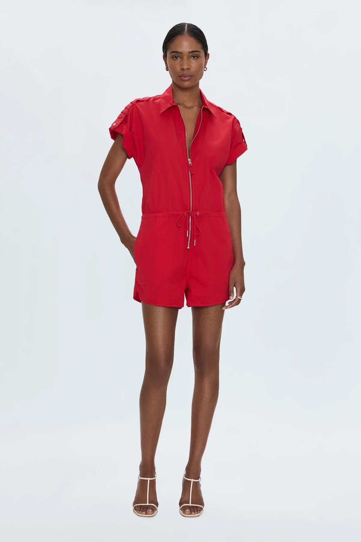 Meg Zip Front Romper in Ruby