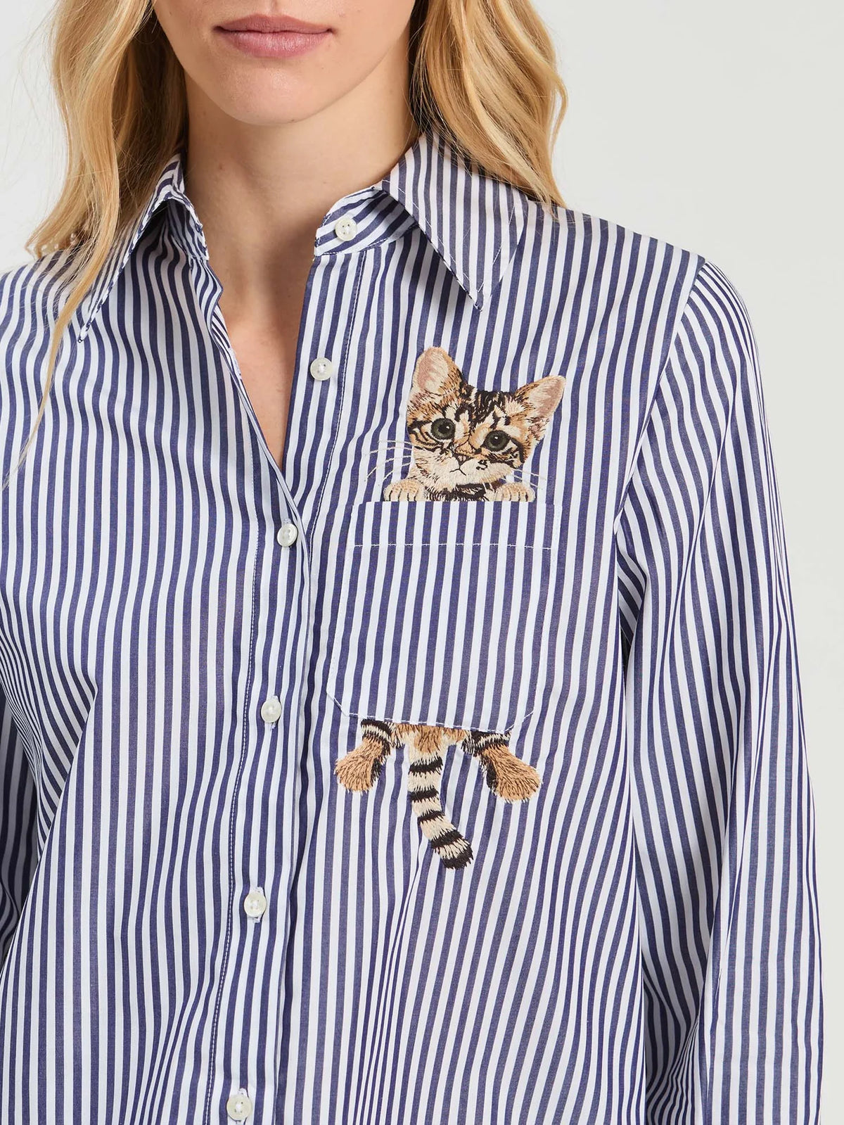 Striped Cat Embroidery Shirt