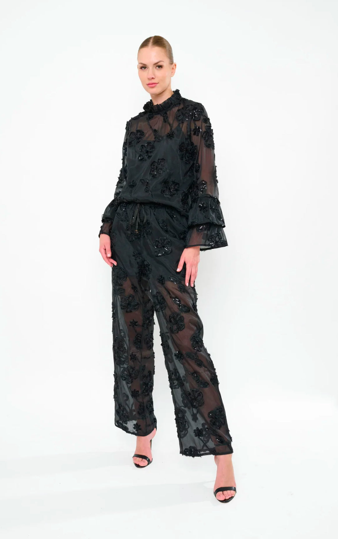 Coza Top in Black Sequin Flowers