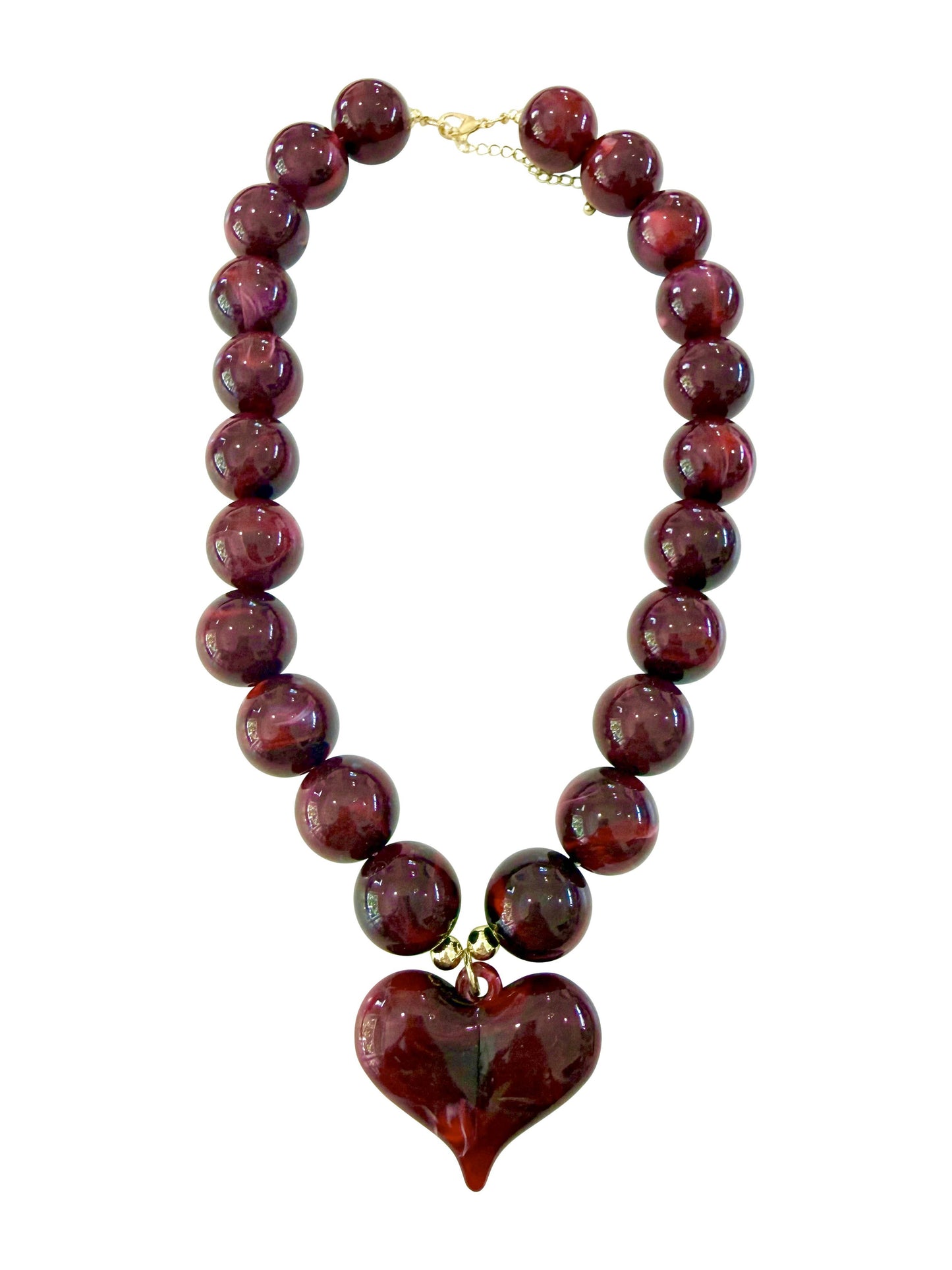 Kaiden Chunky Beaded Necklace with Heart Charm - Maroon