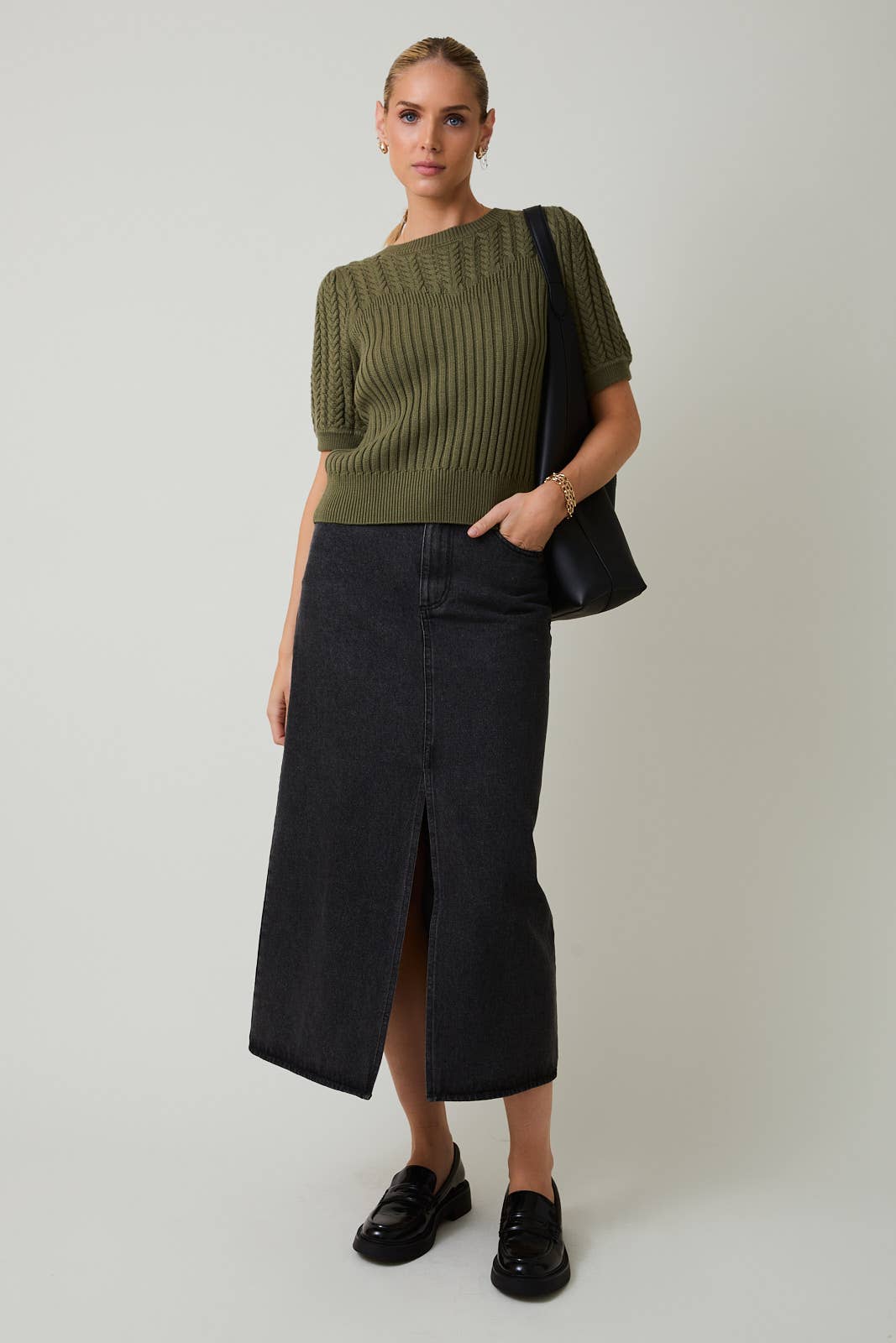 Short Sleeve Cable Knit Sweater