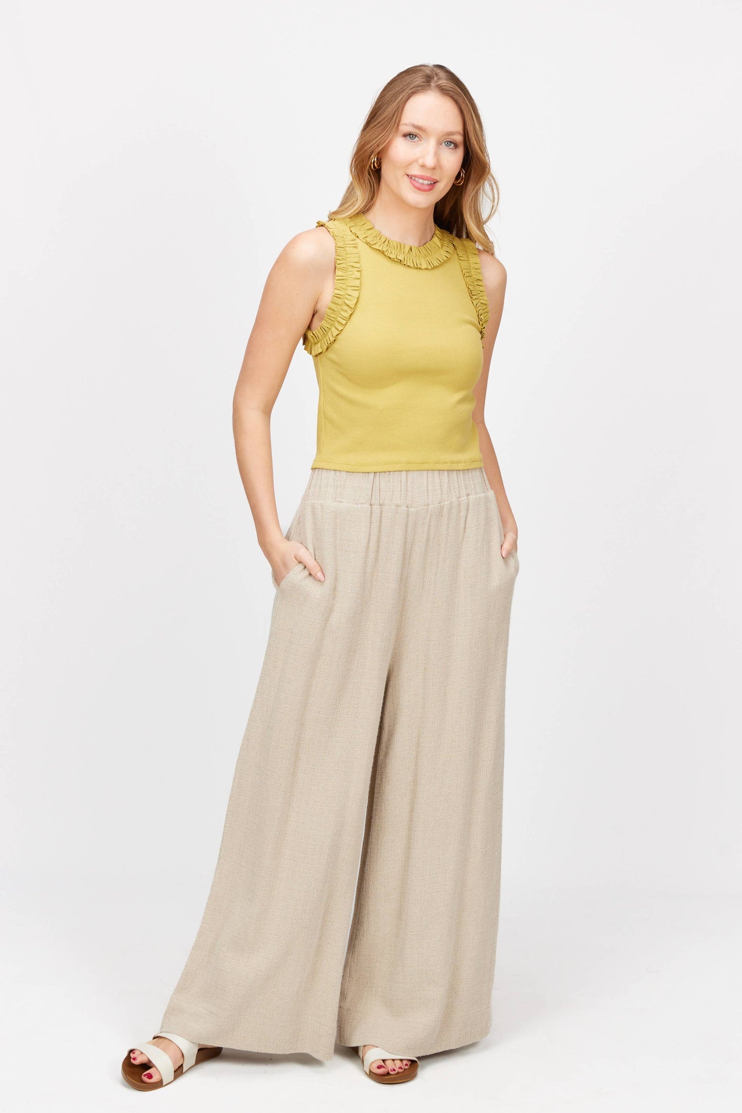 Ruffle Poplin Contrast Ribbed Sleeveless Top