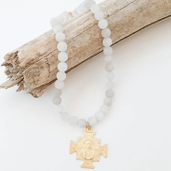 Gemstone Necklace w/ St Ben in Matte White Druzy