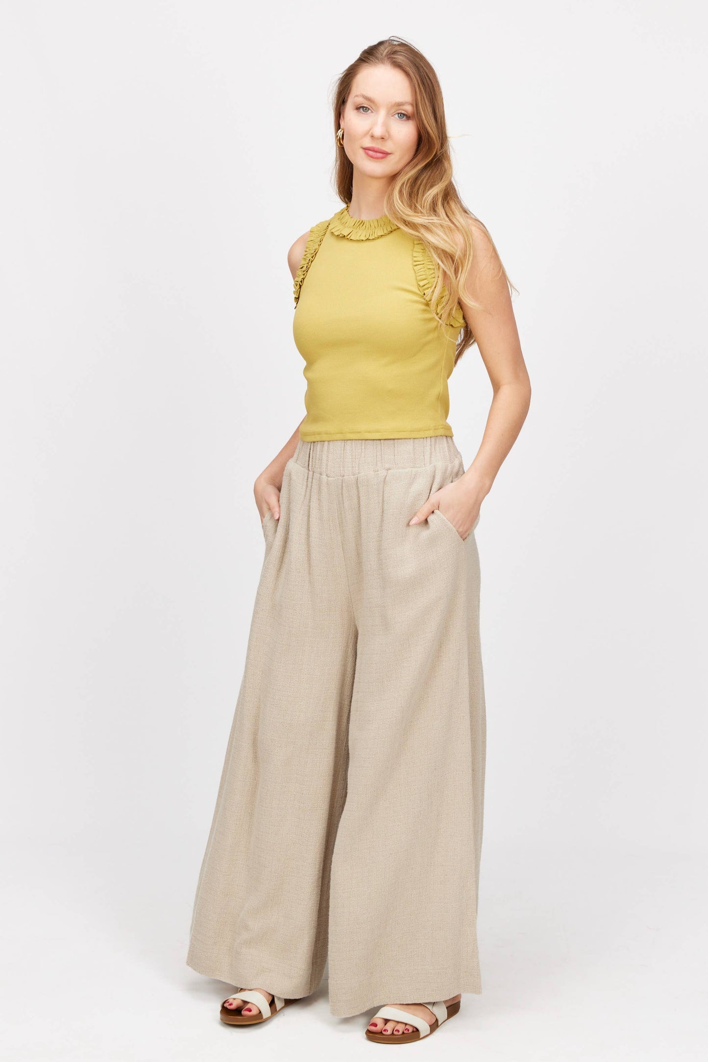 Ruffle Poplin Contrast Ribbed Sleeveless Top