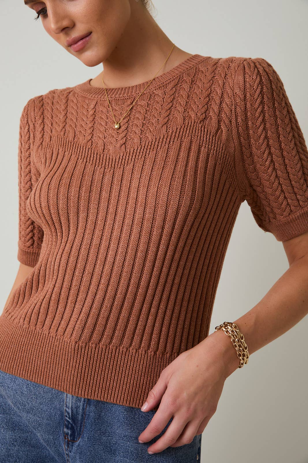 Short Sleeve Cable Knit Sweater