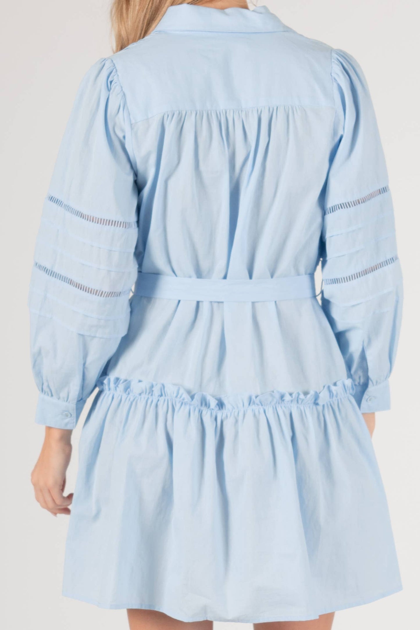 Poplin Eyelet Insert Buttonup Balloon Sleeve Dress