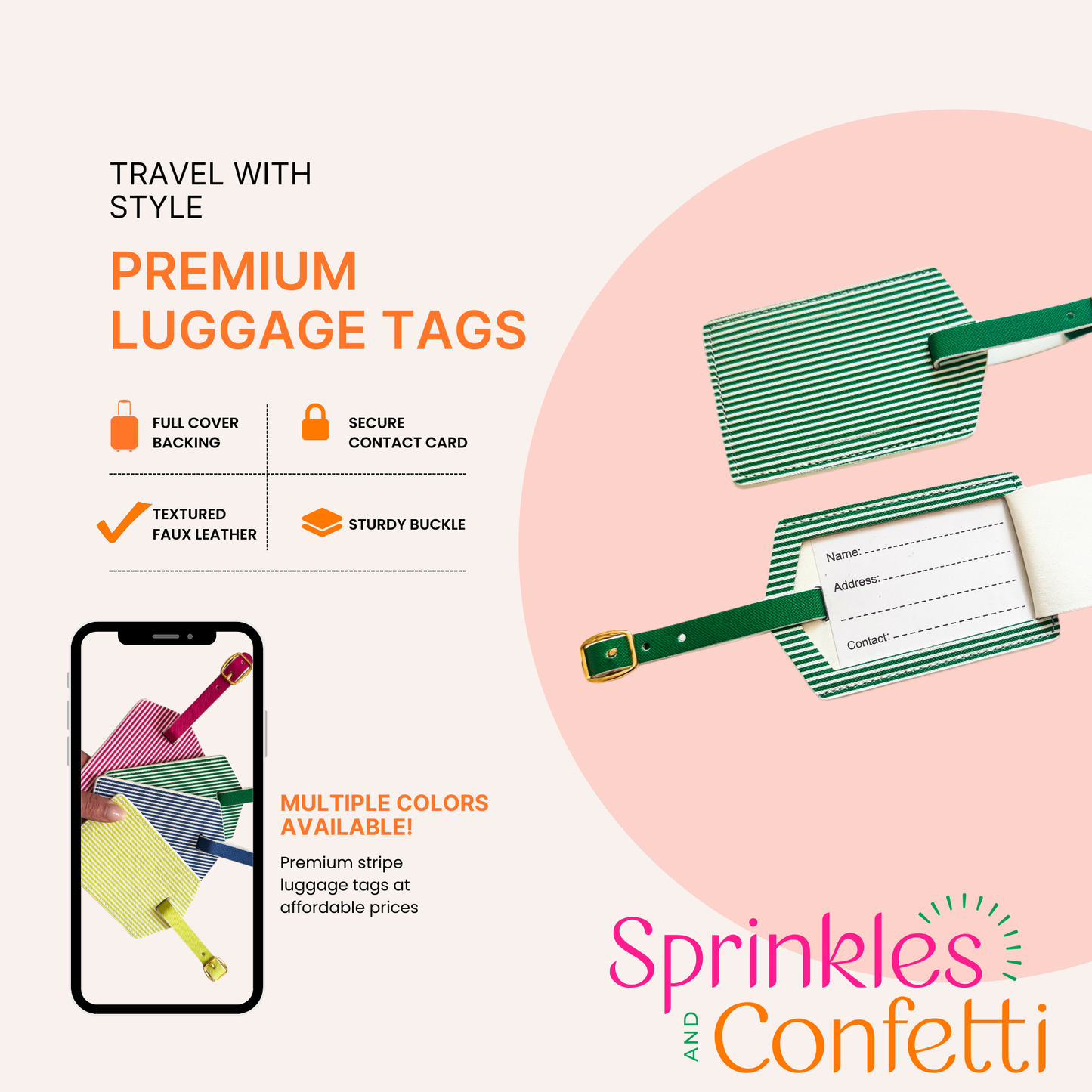 Green Stripe Luggage Tag Set | Vegan Leather Travel Accessory | 2-Pack