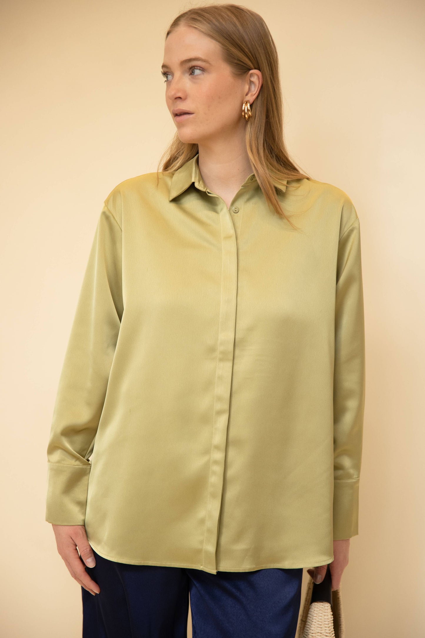 Satin Placket Cover Button Up Shirt