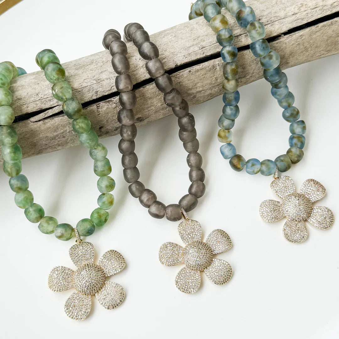 Pave Wildflower on Glass Bead Necklace