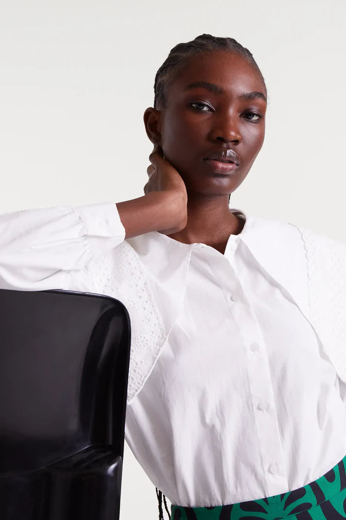Lapel Blouse in White Eyelet