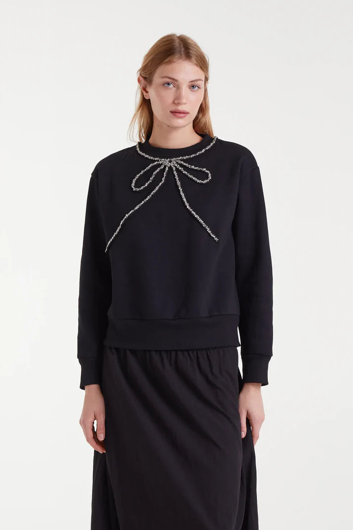 Jewel Neck & Bow Crewneck Sweatshirt