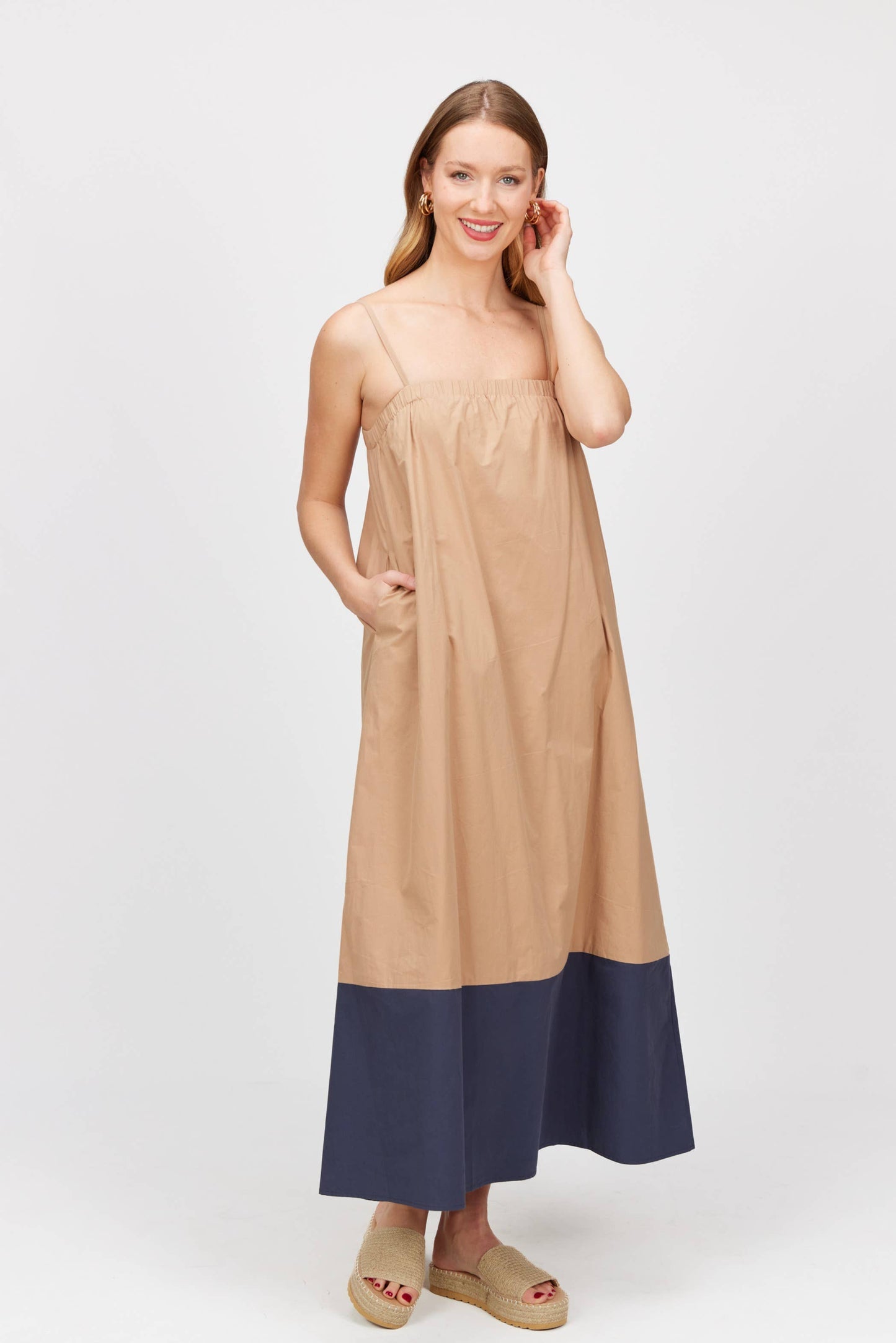 Poplin Colorblock Adjustable Strap Maxi Dress