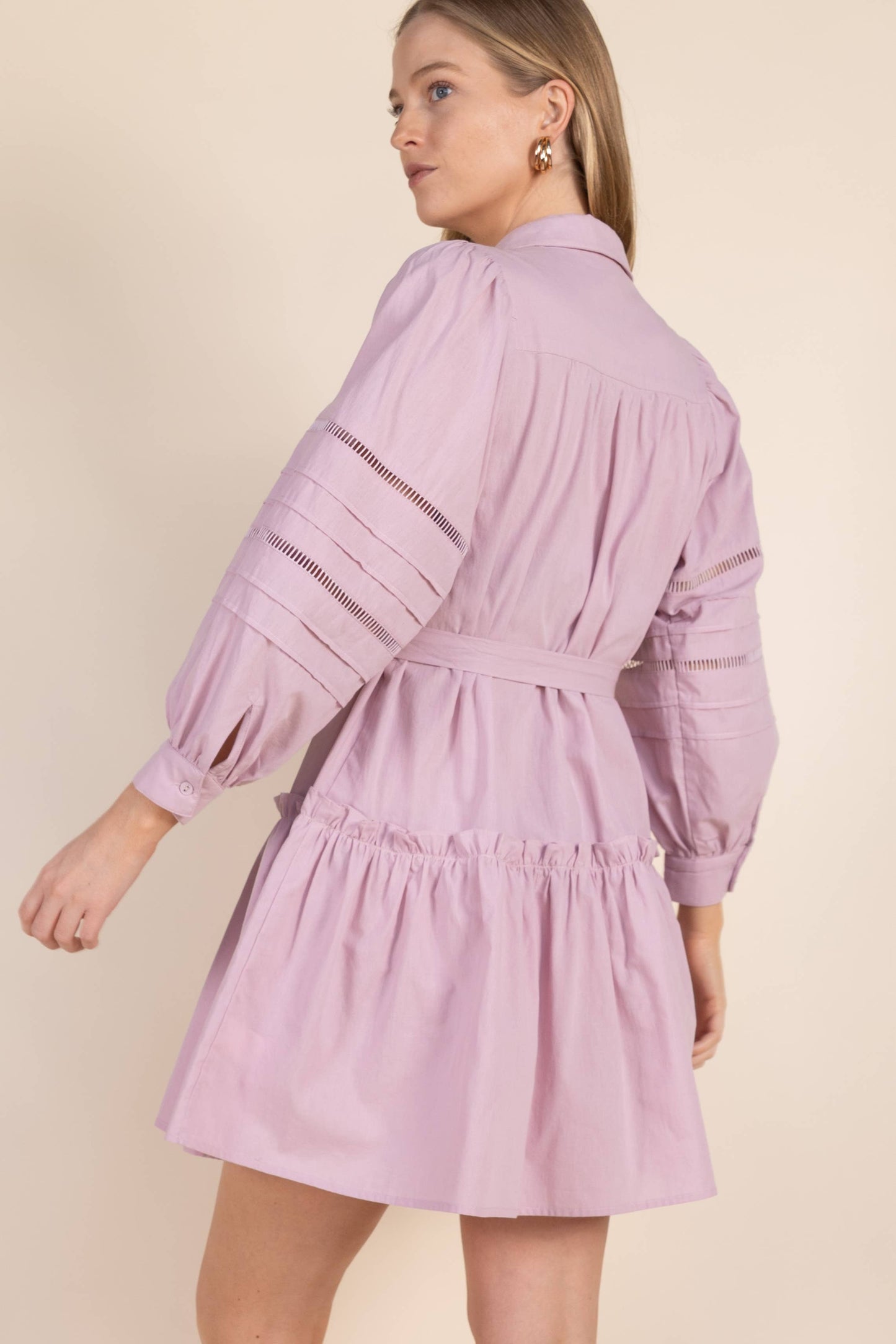 Poplin Eyelet Insert Buttonup Balloon Sleeve Dress