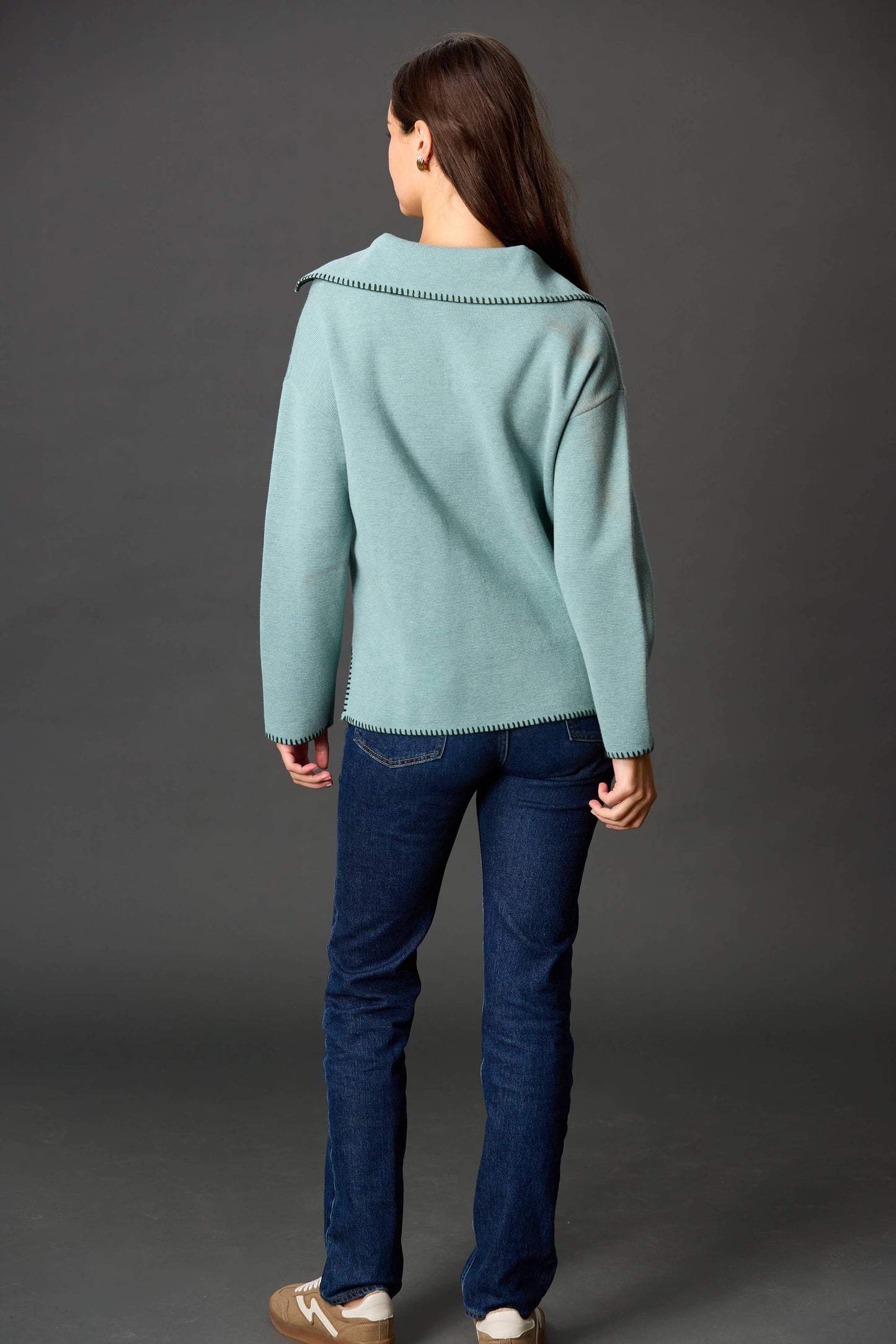 Wool Blend Blanket Stitch Detail Collared Knit Top