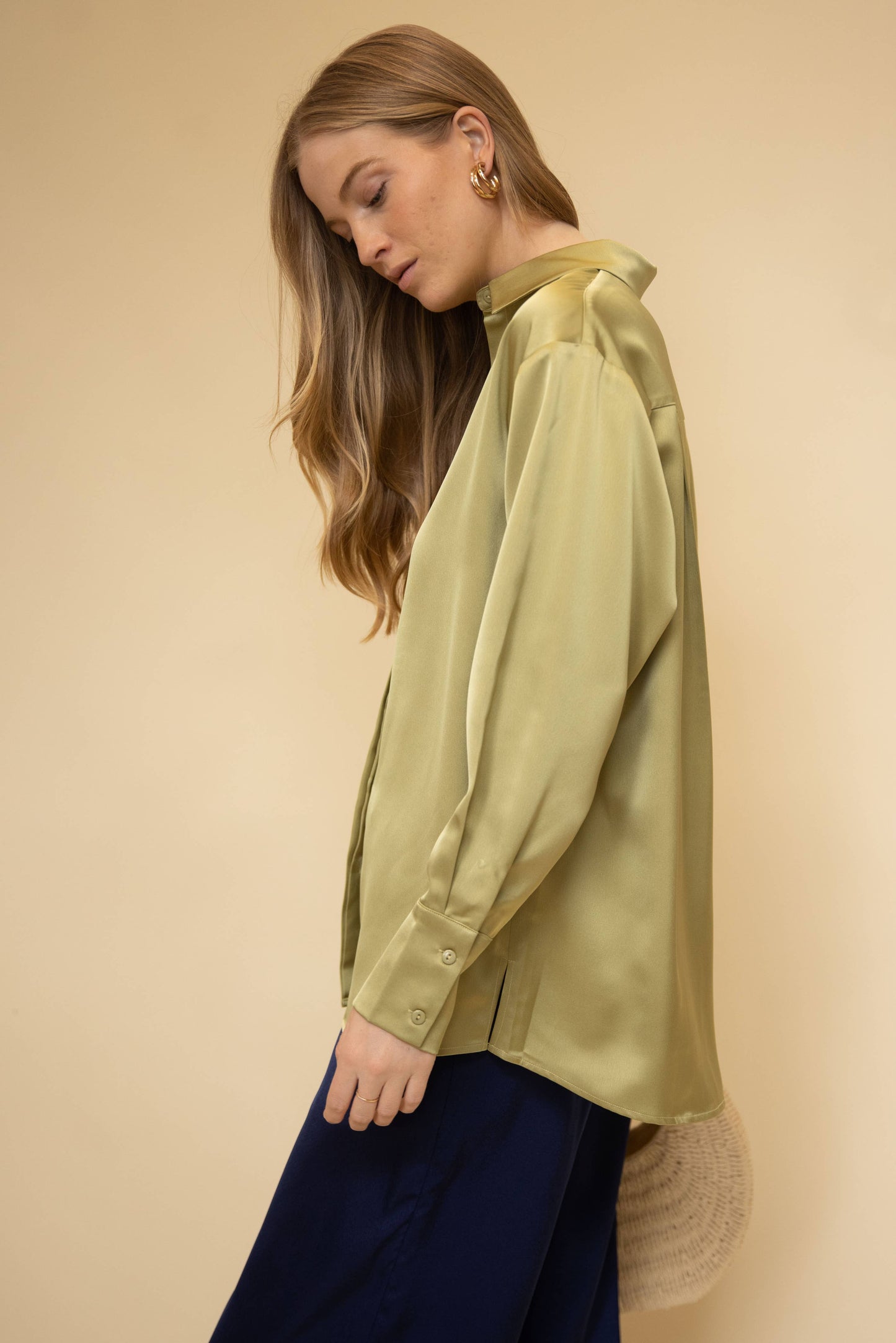 Satin Placket Cover Button Up Shirt