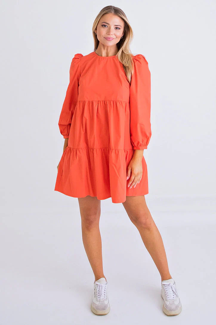Poplin Tiered Dress in Coral