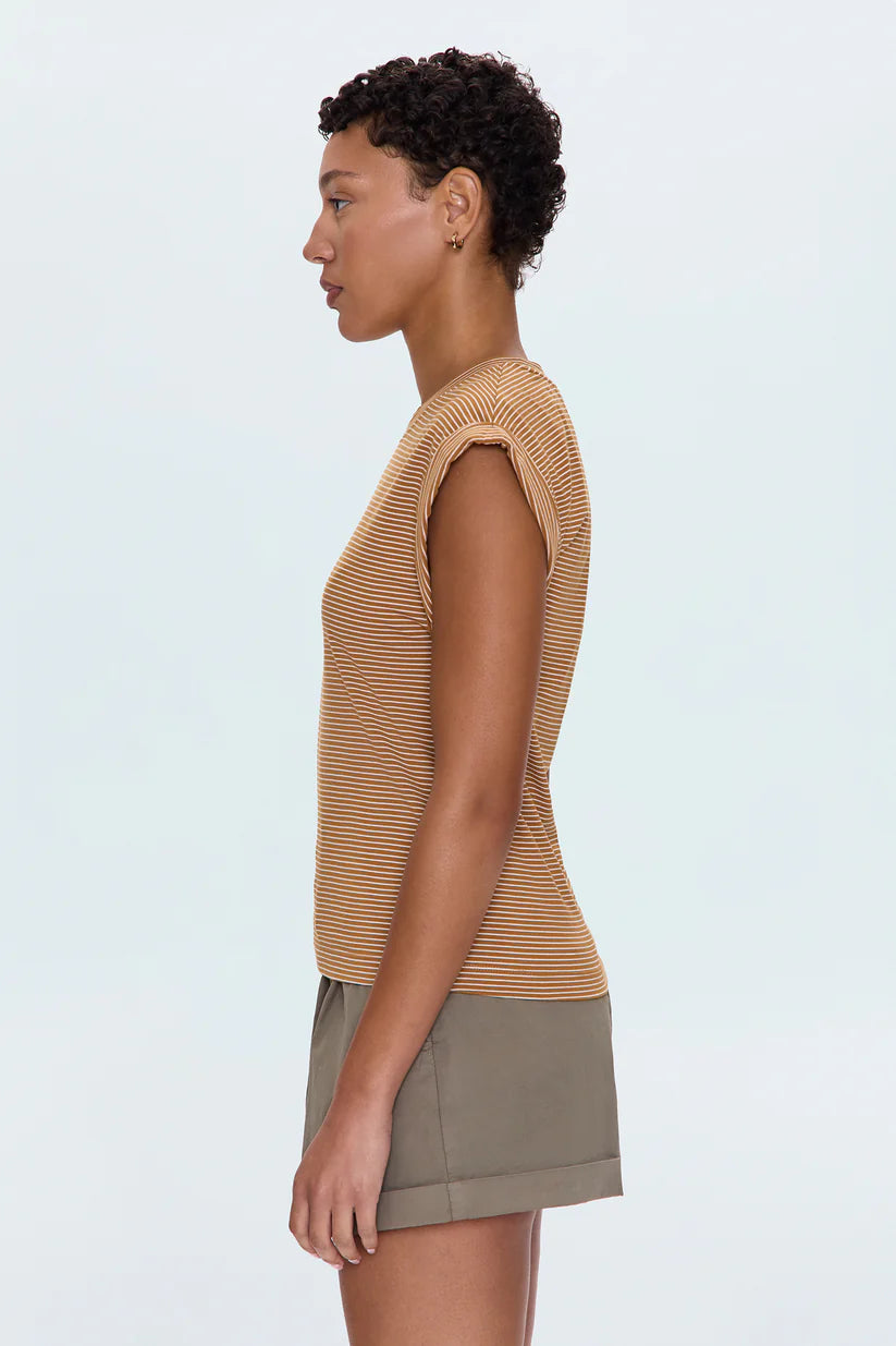 Olivia Twisted Sleeve Tee in Dark Rum Stripe