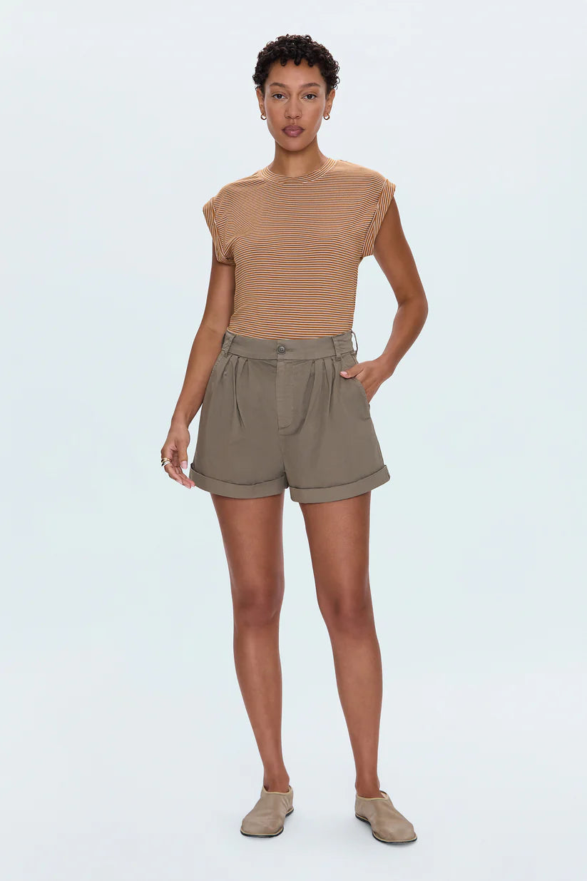 Olivia Twisted Sleeve Tee in Dark Rum Stripe