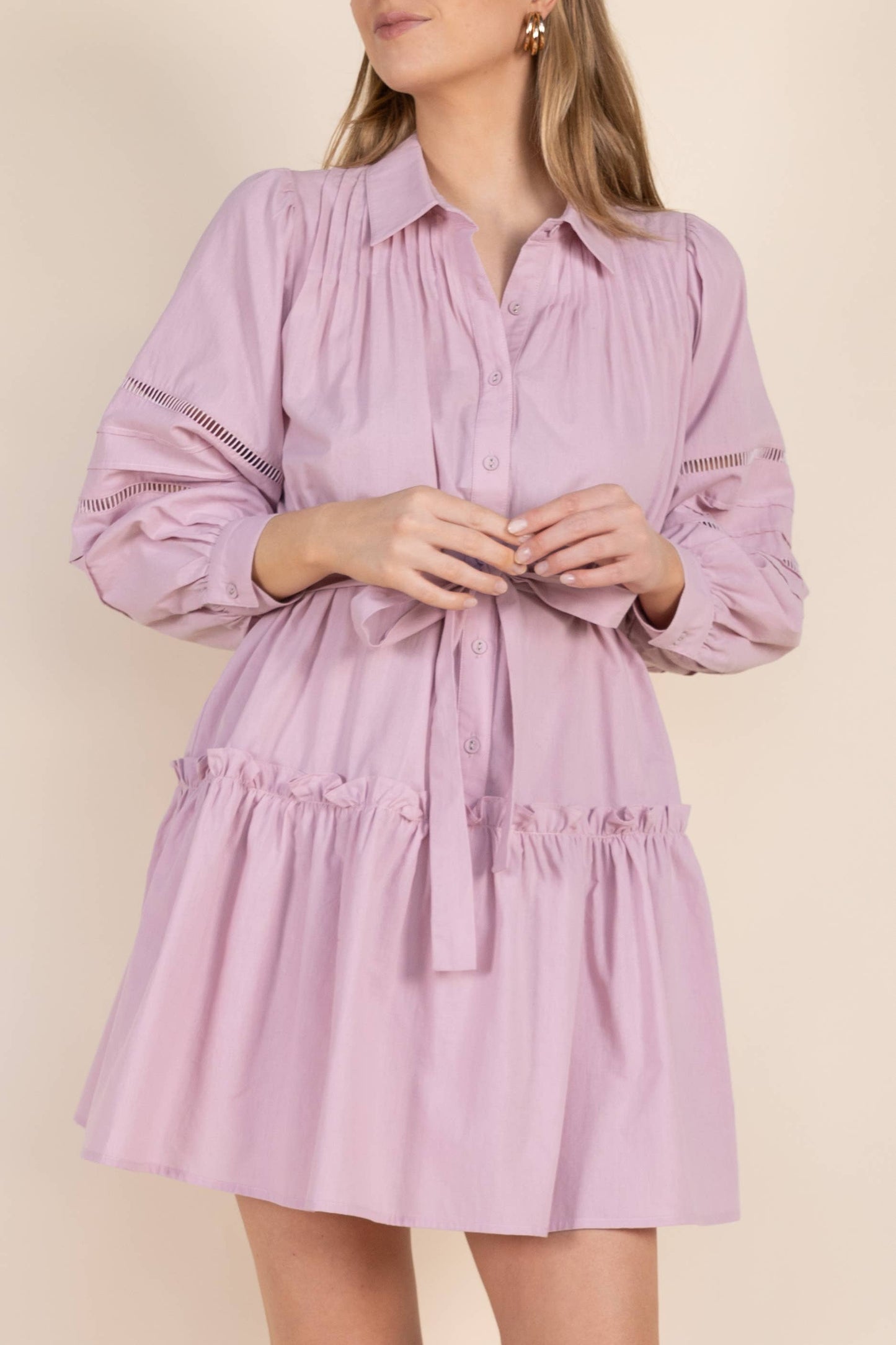 Poplin Eyelet Insert Buttonup Balloon Sleeve Dress