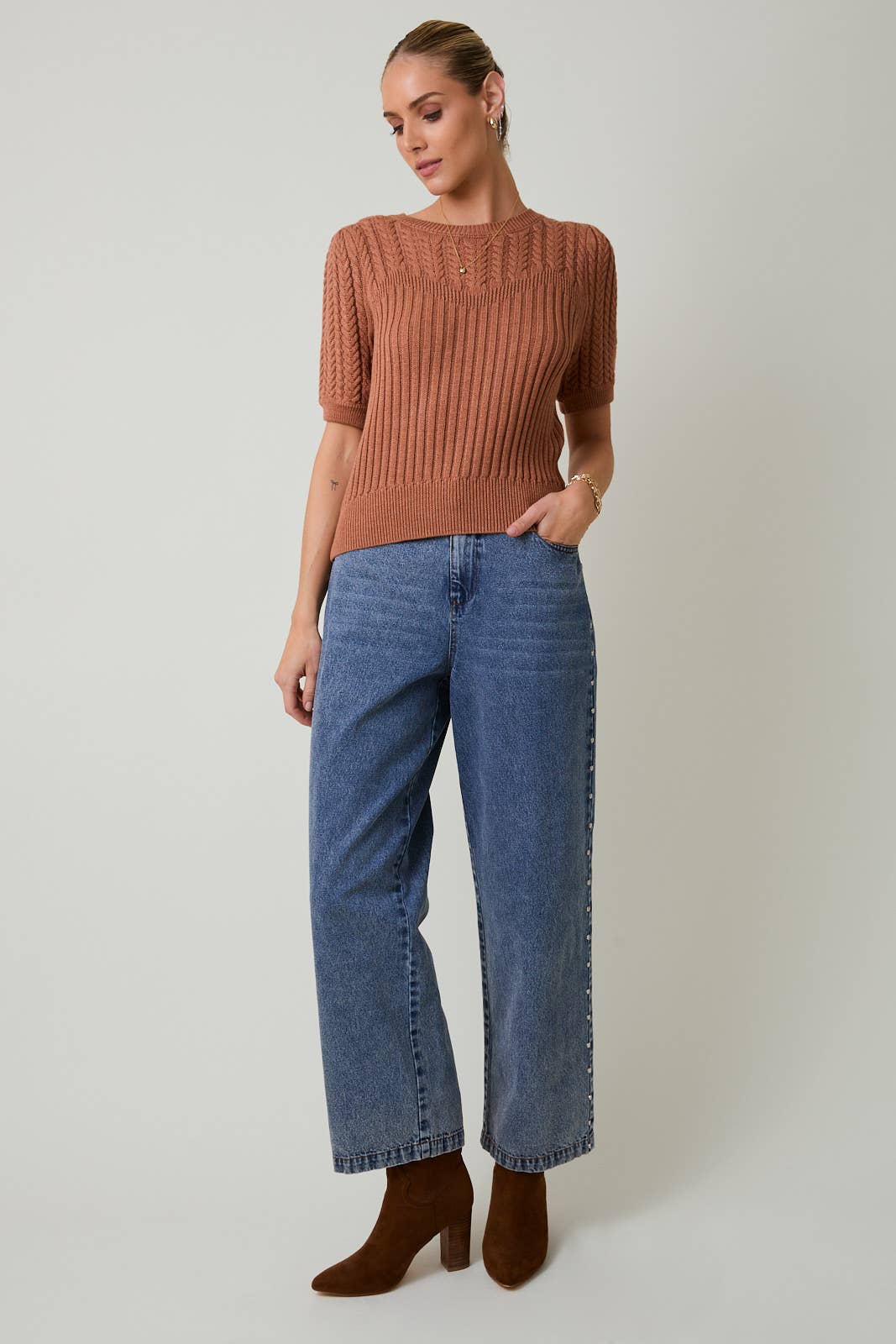 Short Sleeve Cable Knit Sweater