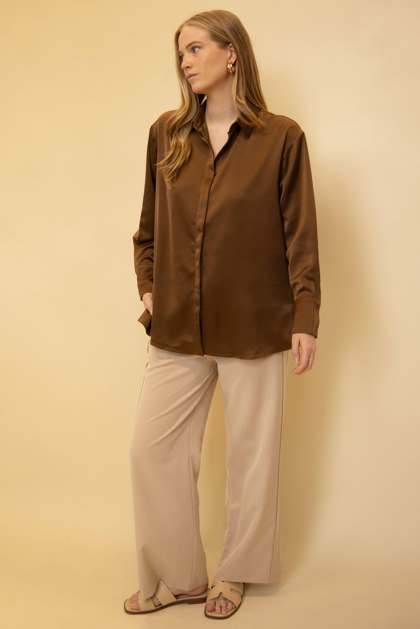 Satin Placket Cover Button Up Shirt