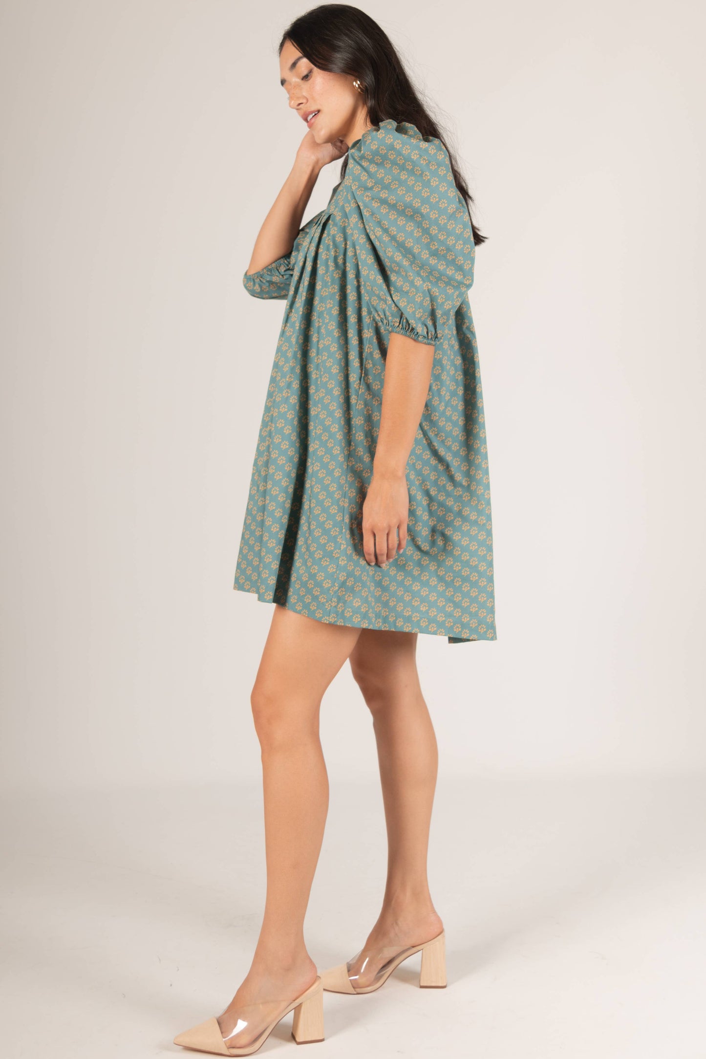 2-Tone Cotton Woven Puff Sleeve Dress