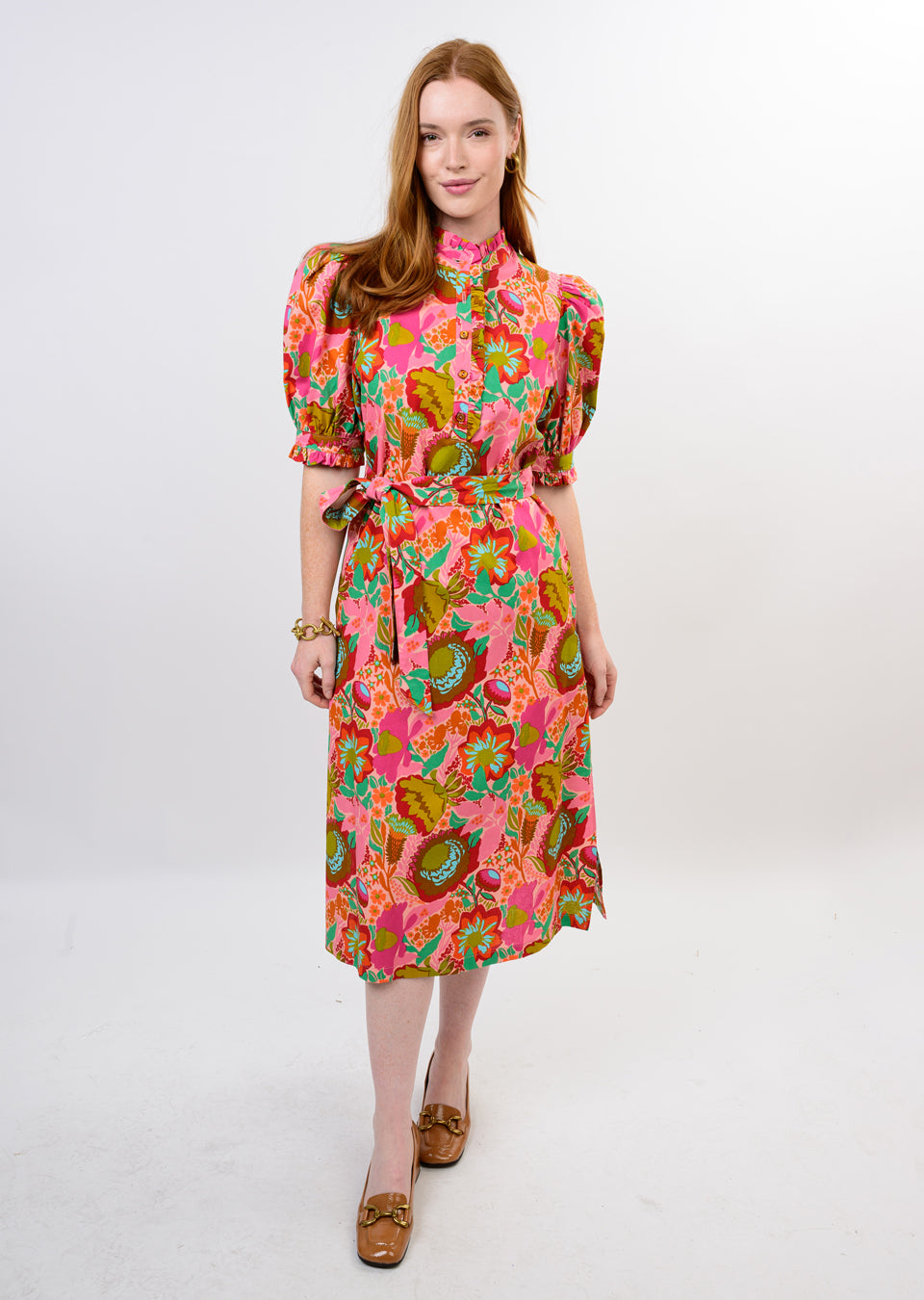 Bouquet Midi Shirt Dress in Coral