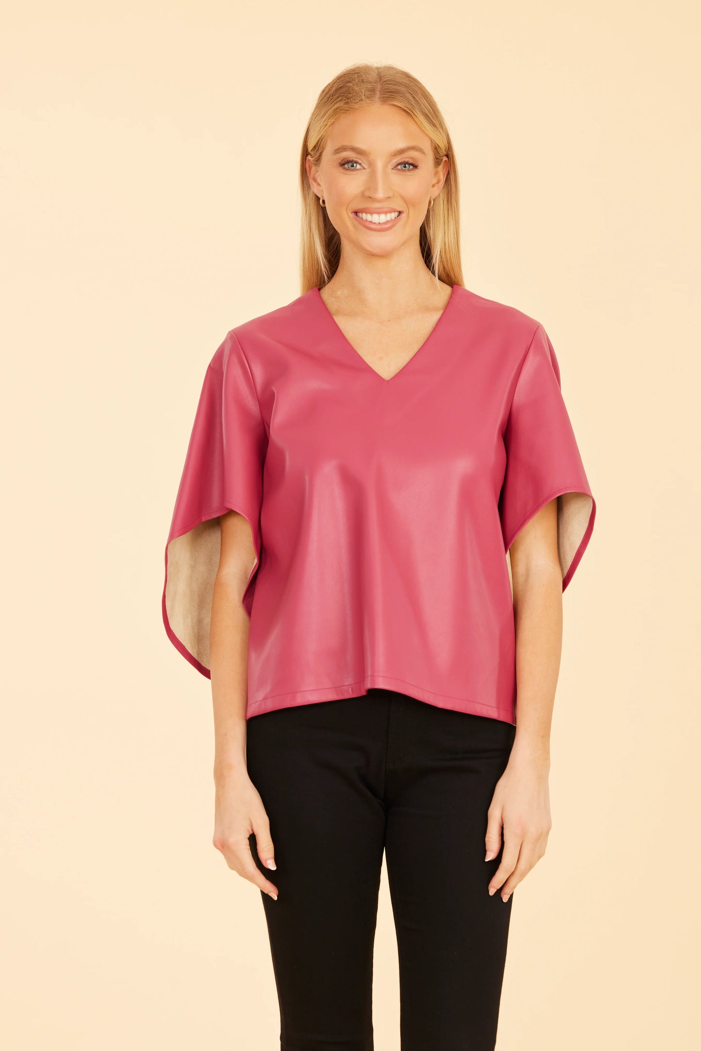 Faux Leather Cascade Sleeve Top in Dark Pink