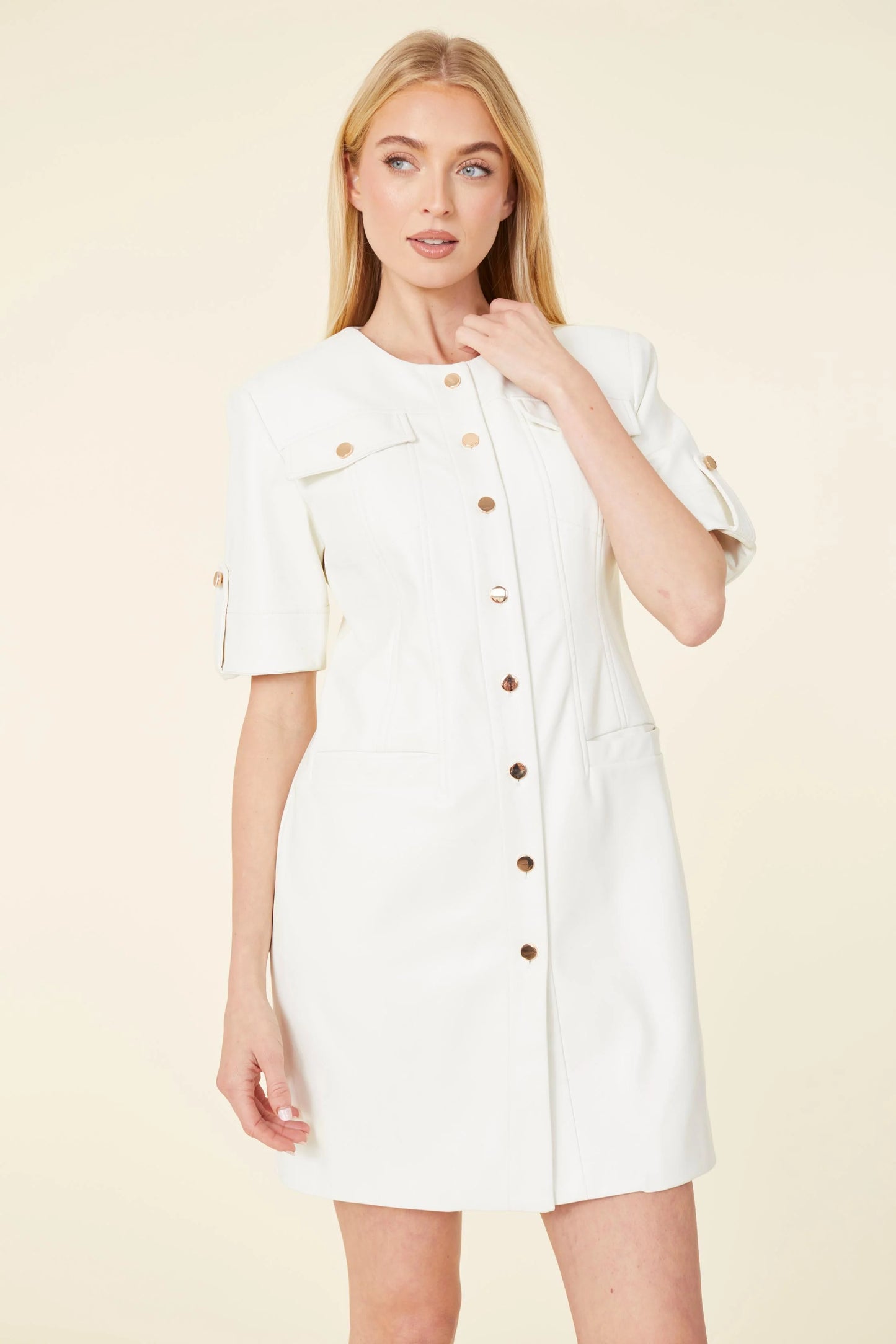 Vegan Leather Short Sleeve Tailored Dress in White