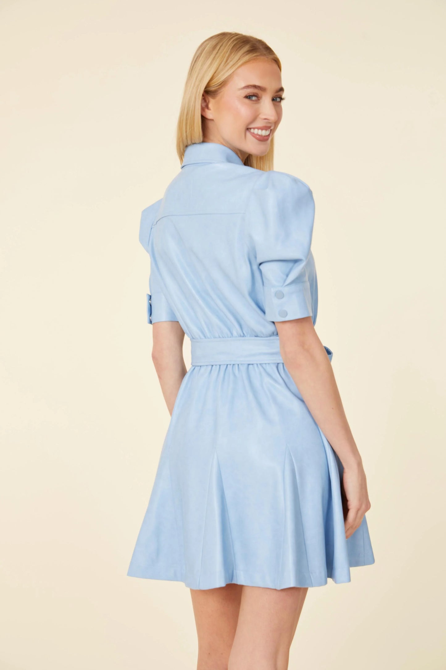 Vegan Leather Puff Sleeve Belted Skater Dress in Blue Bird