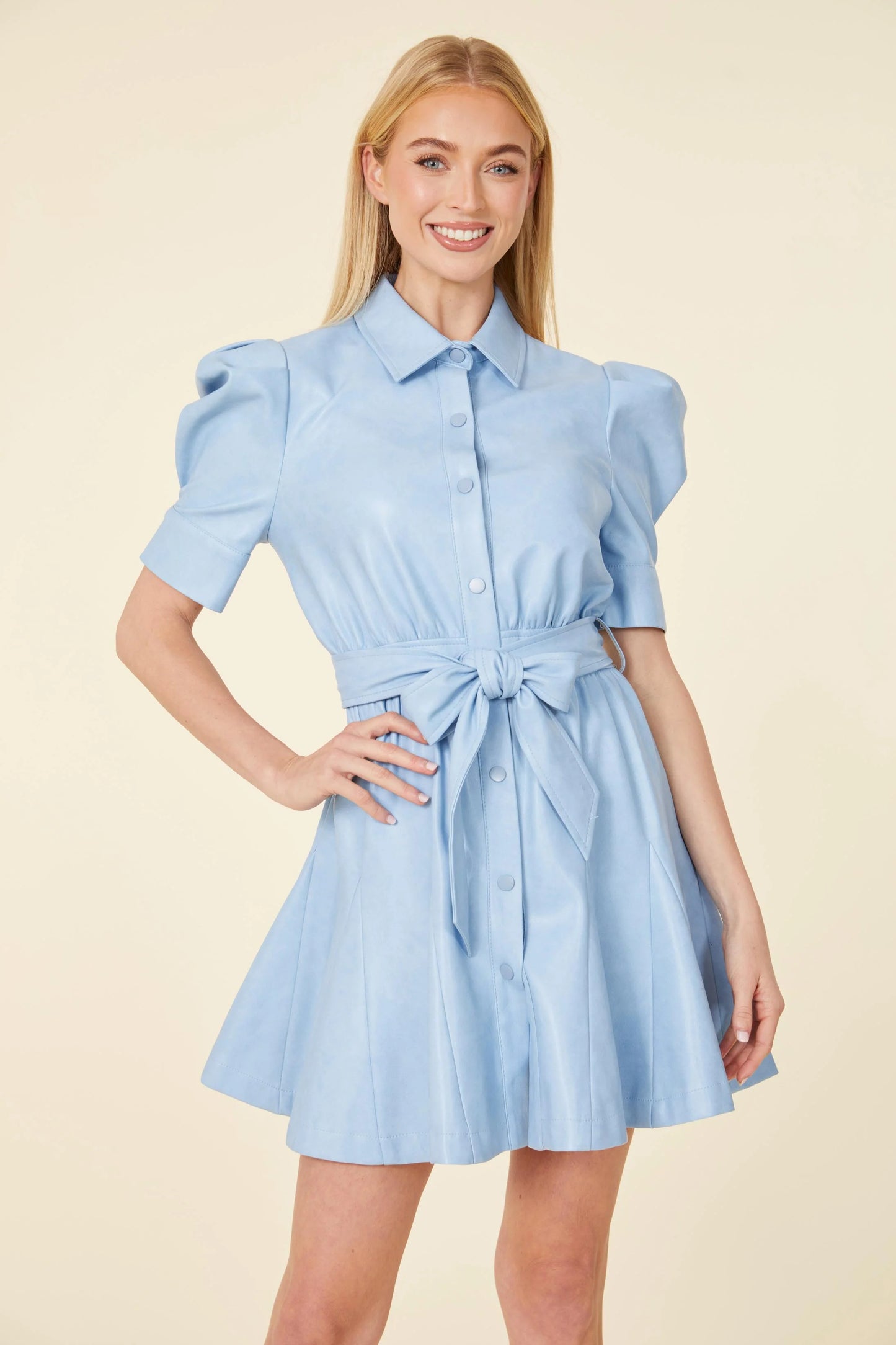 Vegan Leather Puff Sleeve Belted Skater Dress in Blue Bird