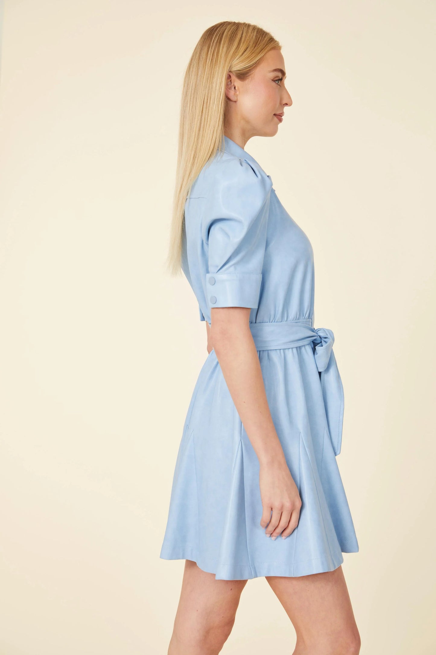 Vegan Leather Puff Sleeve Belted Skater Dress in Blue Bird