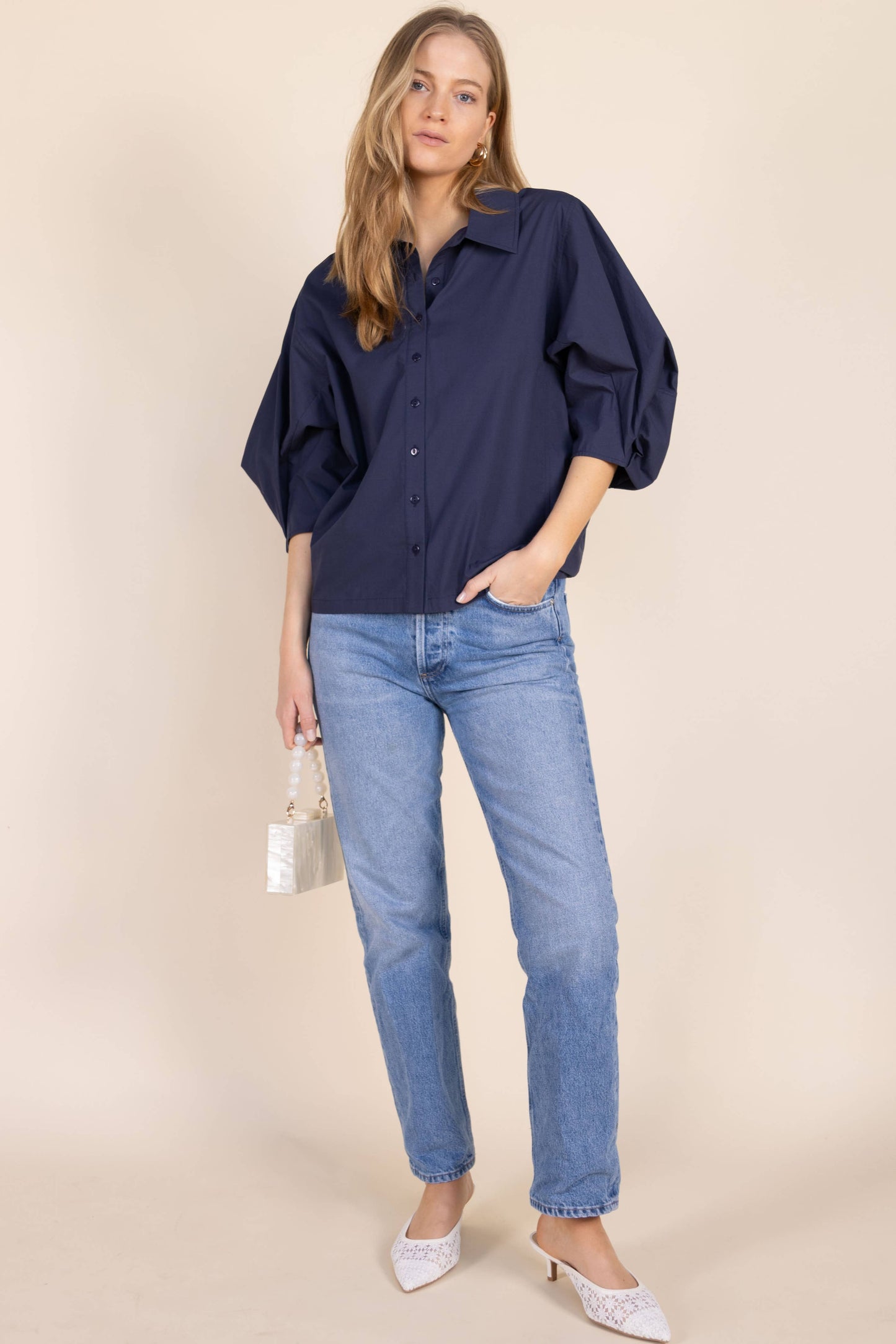 Poplin Bishop Sleeve Button Up Shirt